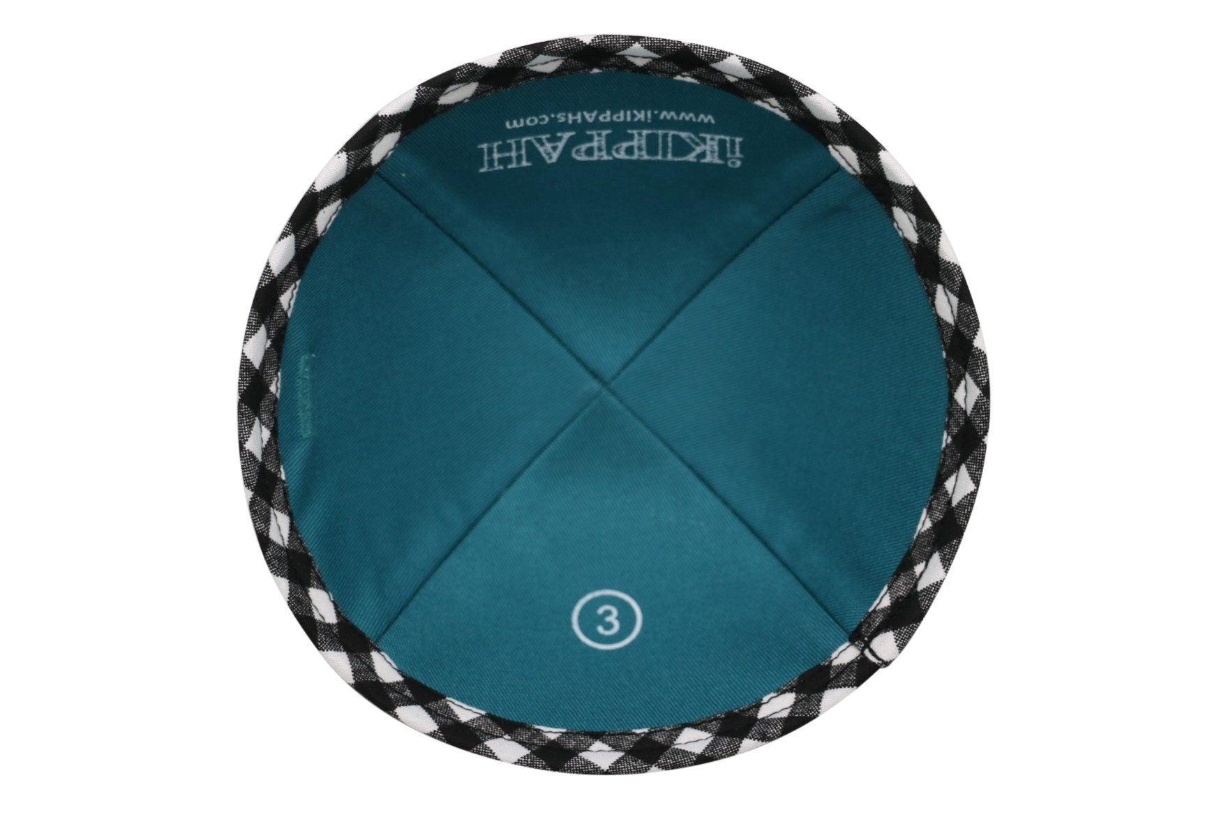 A black & white gingham pattern iKIPPAH brand yarmulke inside view.