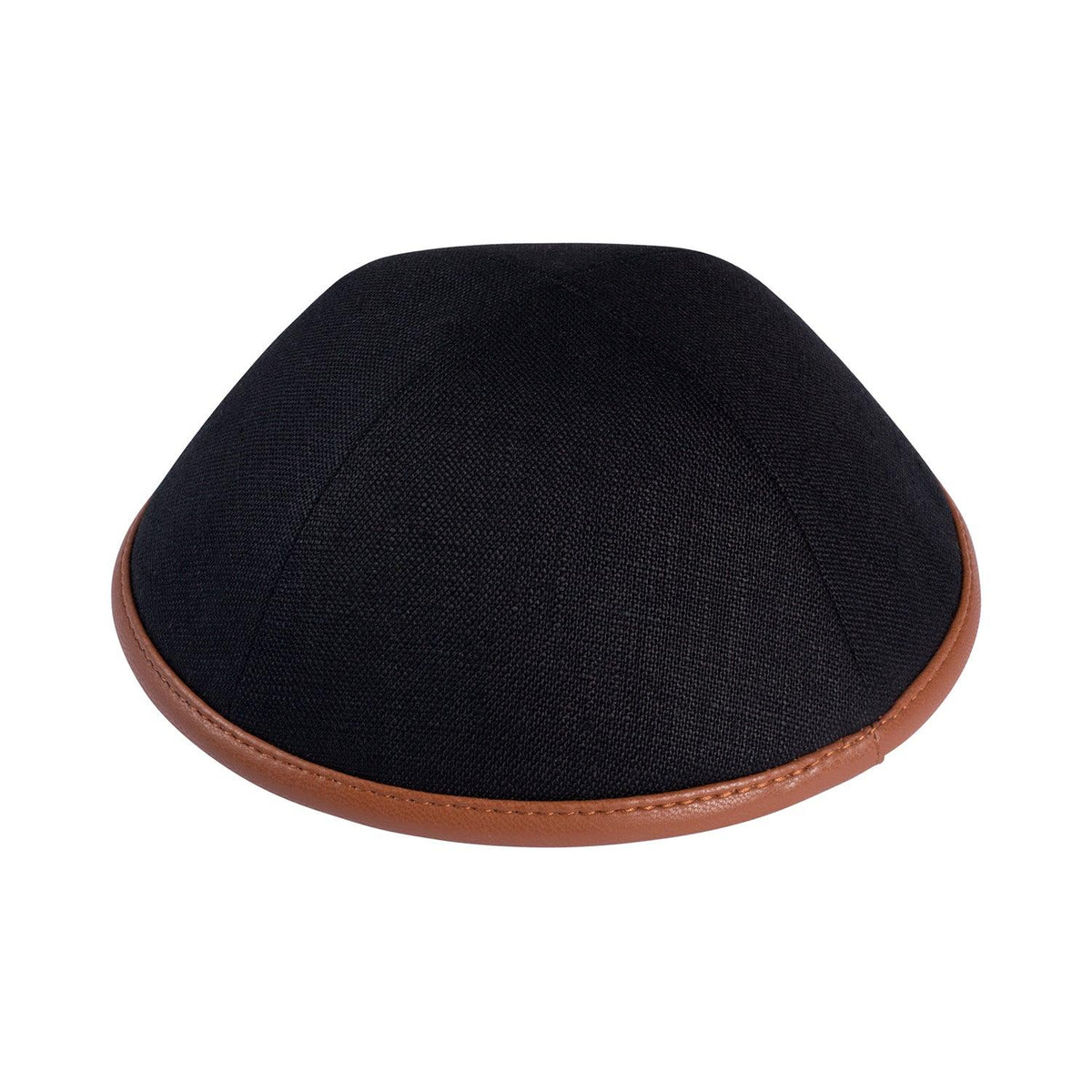 IKIPPAH BLACK LINEN W/ CAMEL LEATHER RIM YARMULKE