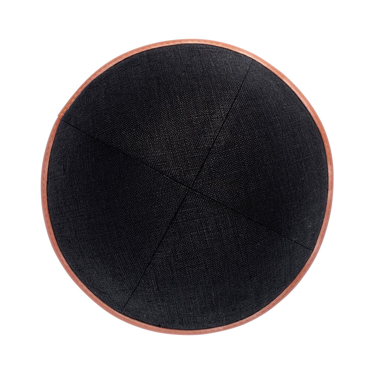 IKIPPAH BLACK LINEN W/ CAMEL LEATHER RIM YARMULKE