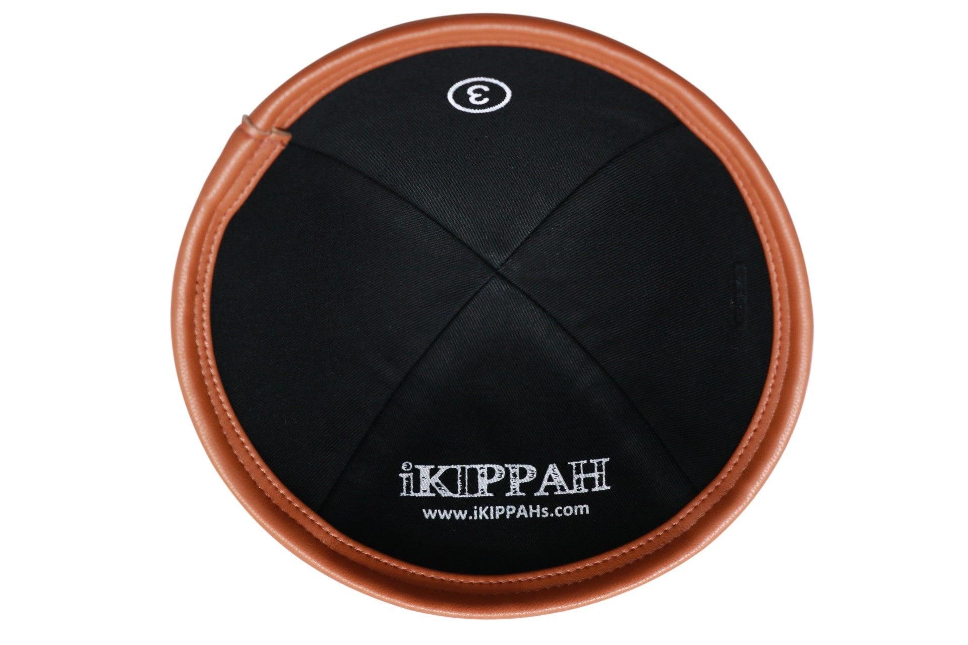 IKIPPAH BLACK LINEN W/ CAMEL LEATHER RIM YARMULKE