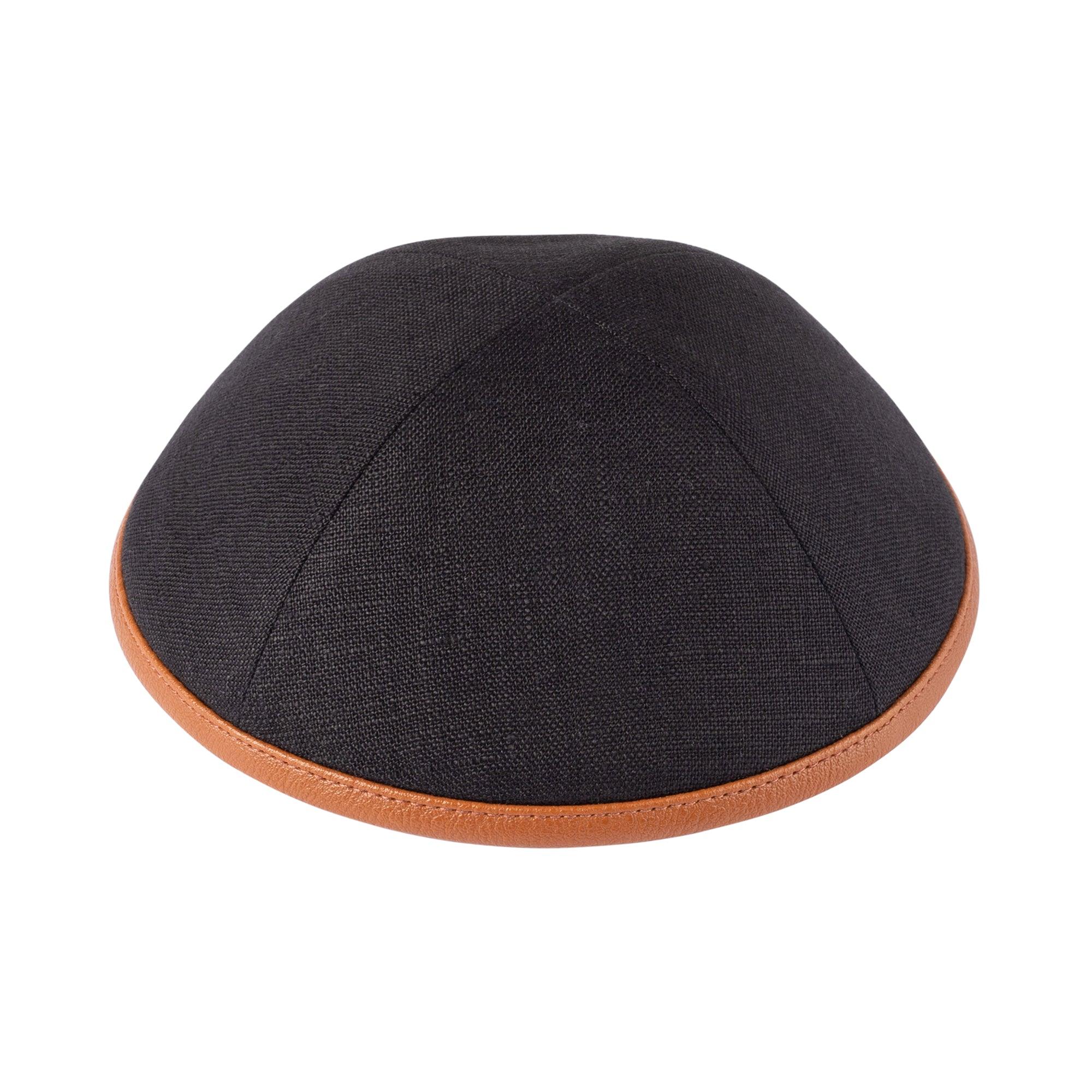 IKIPPAH BLACK LINEN W/ CARAMEL LEATHER RIM YARMULKE