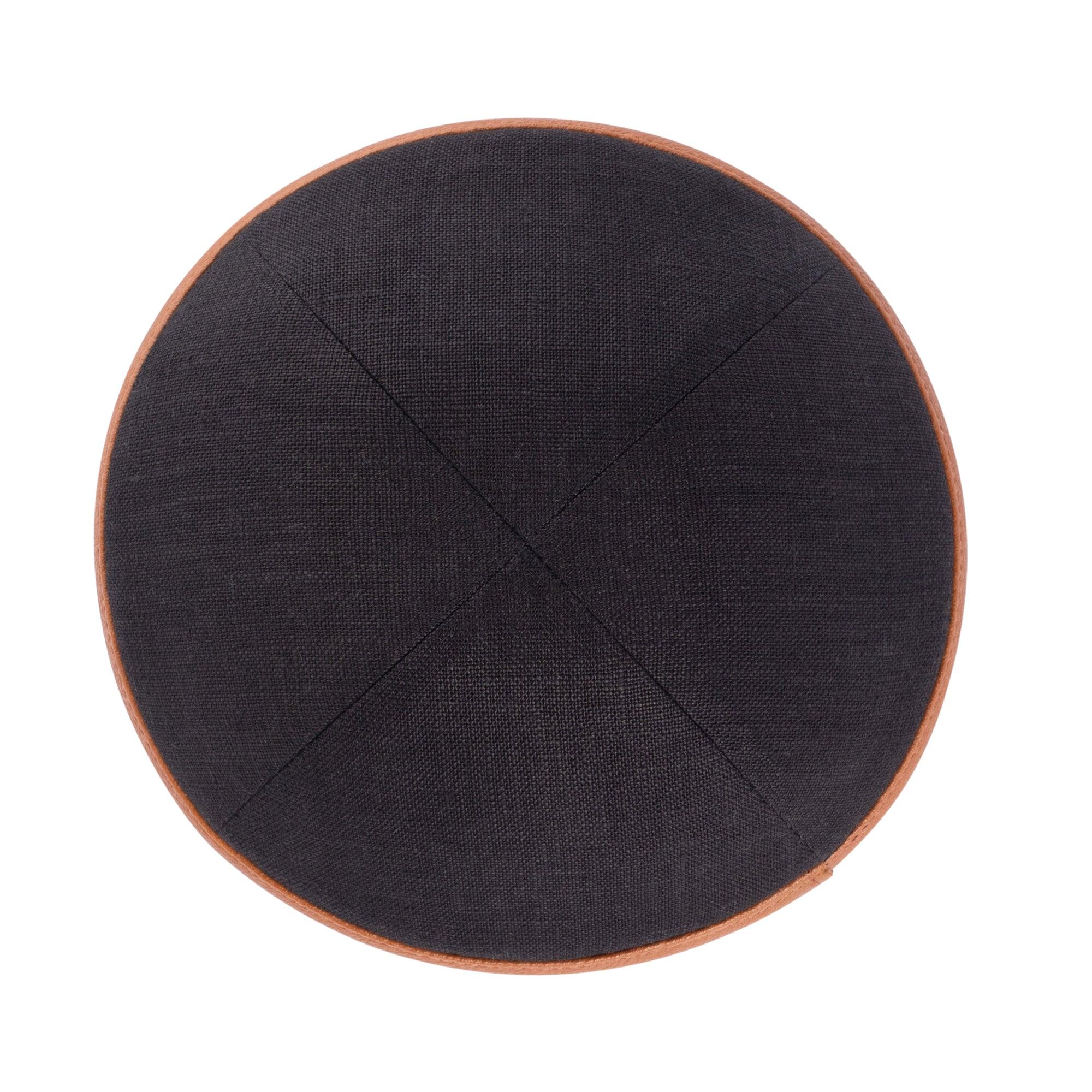 IKIPPAH BLACK LINEN W/ CARAMEL LEATHER RIM YARMULKE