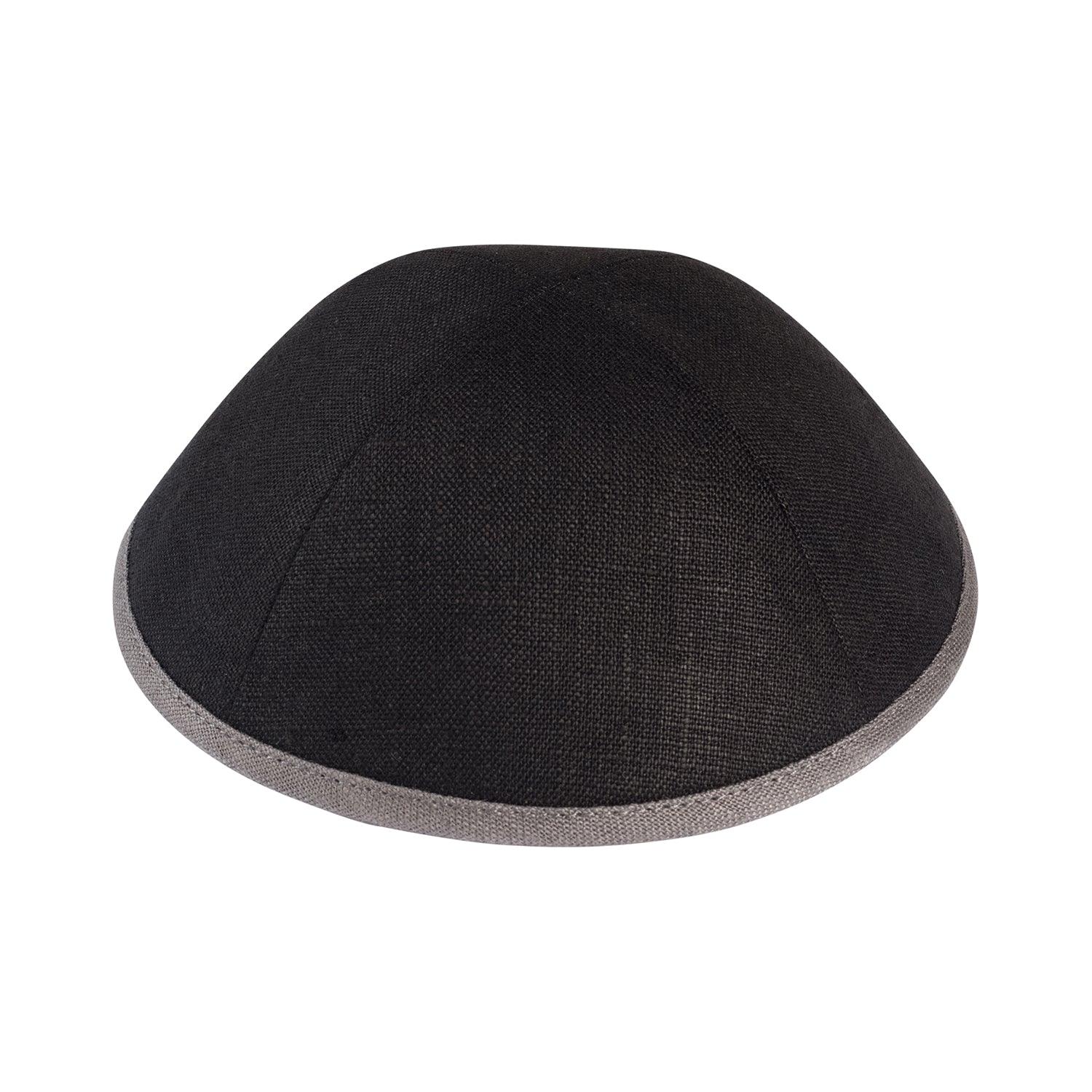 IKIPPAH BLACK LINEN W/ GRAY RIM YARMULKE