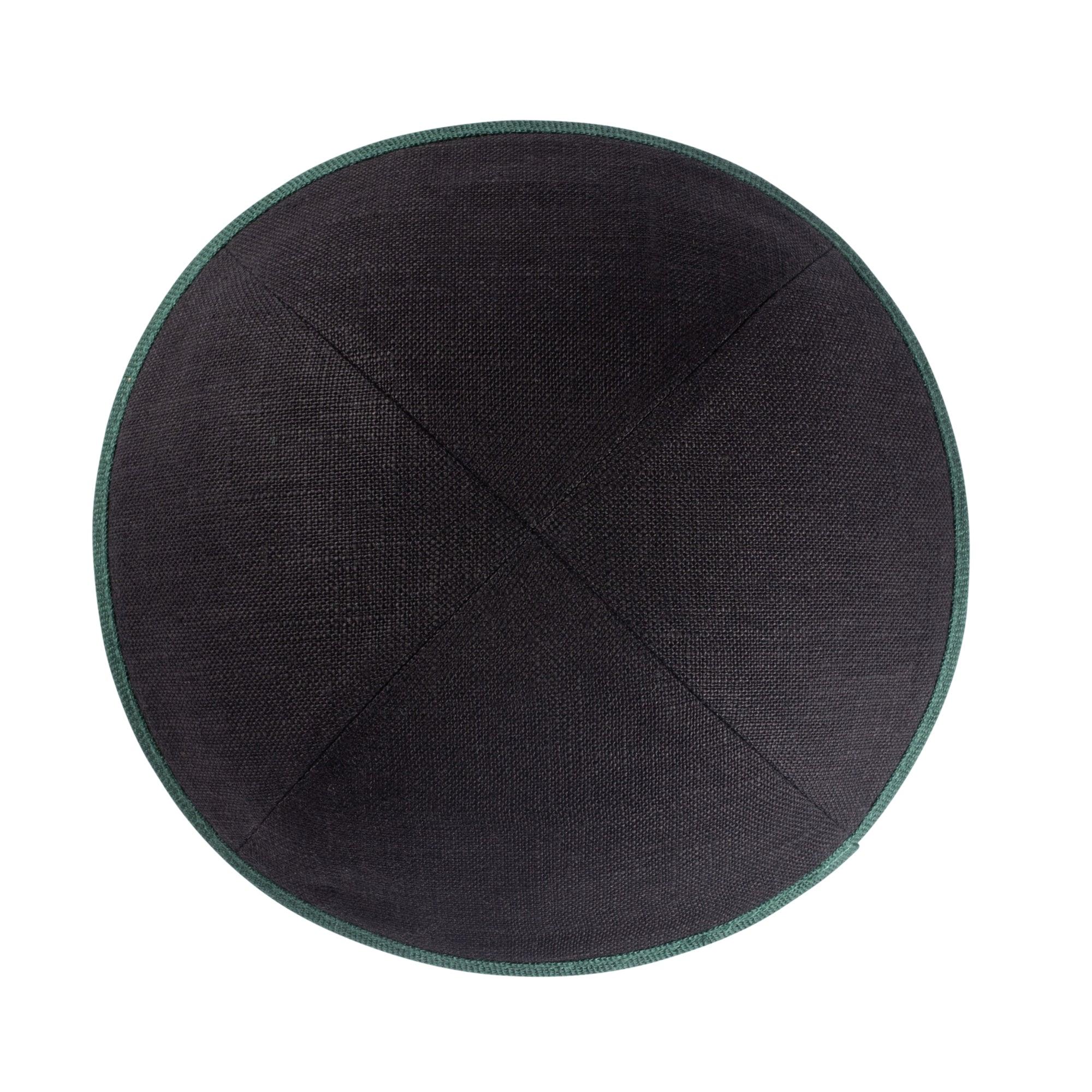 IKIPPAH BLACK LINEN W/ GREEN RIM YARMULKE