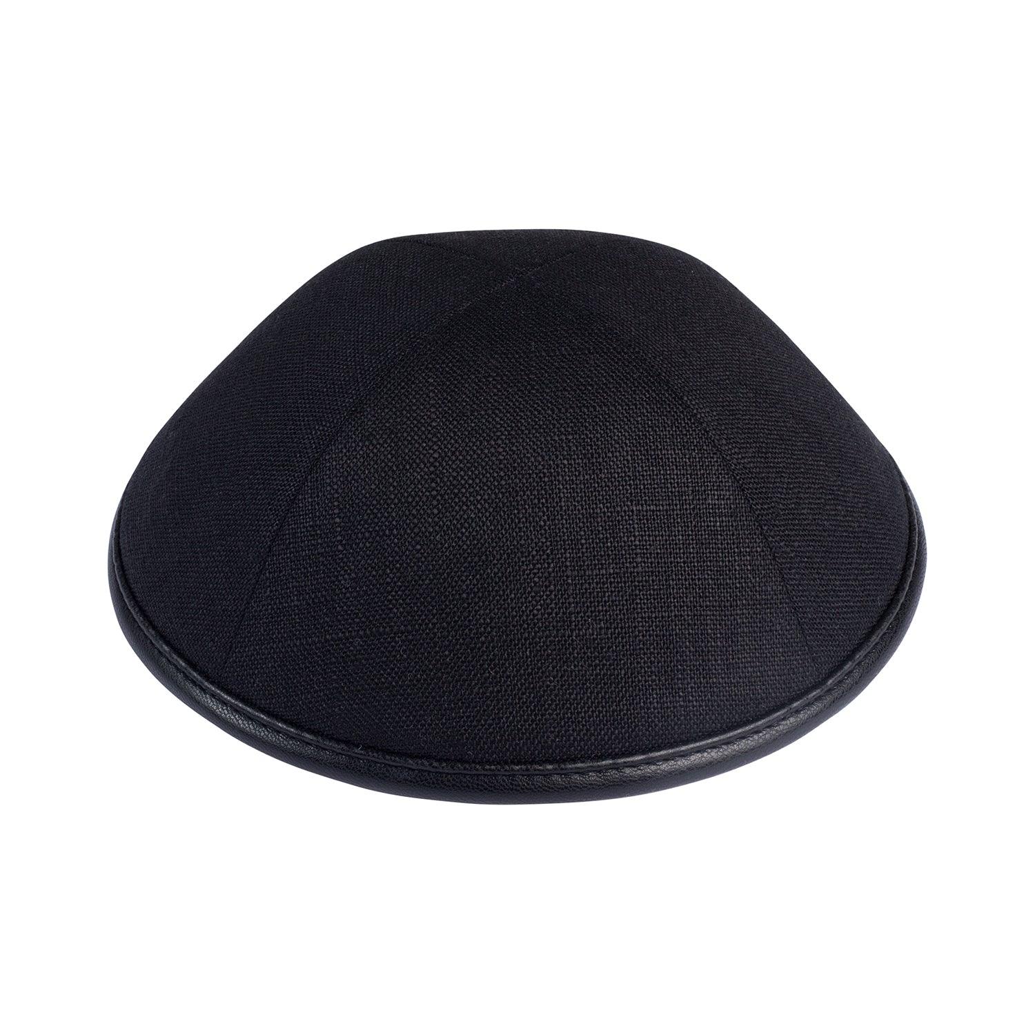 IKIPPAH BLACK LINEN W/ LEATHER RIM YARMULKE