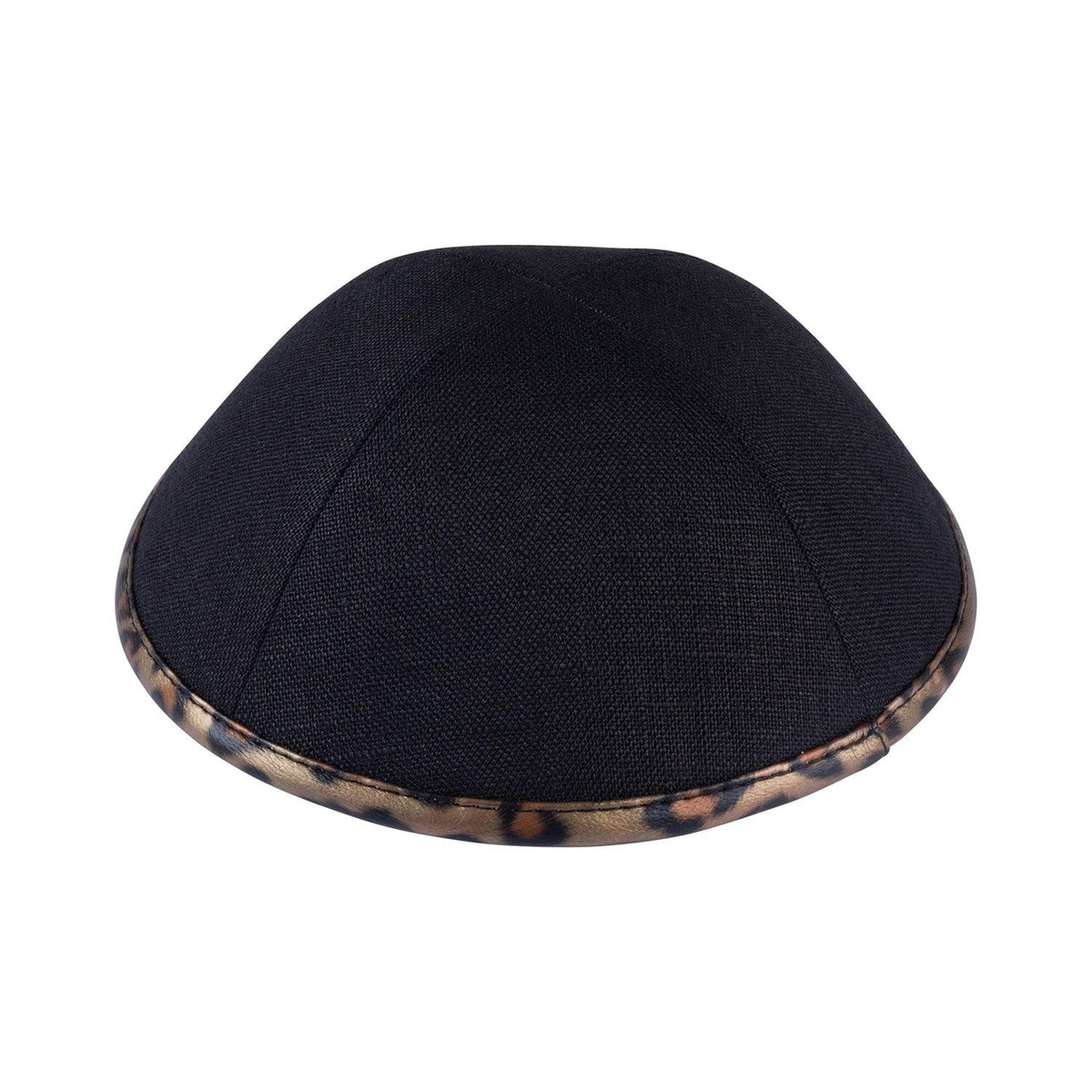 IKIPPAH BLACK LINEN W/ LEOPARD LEATHER RIM YARMULKE