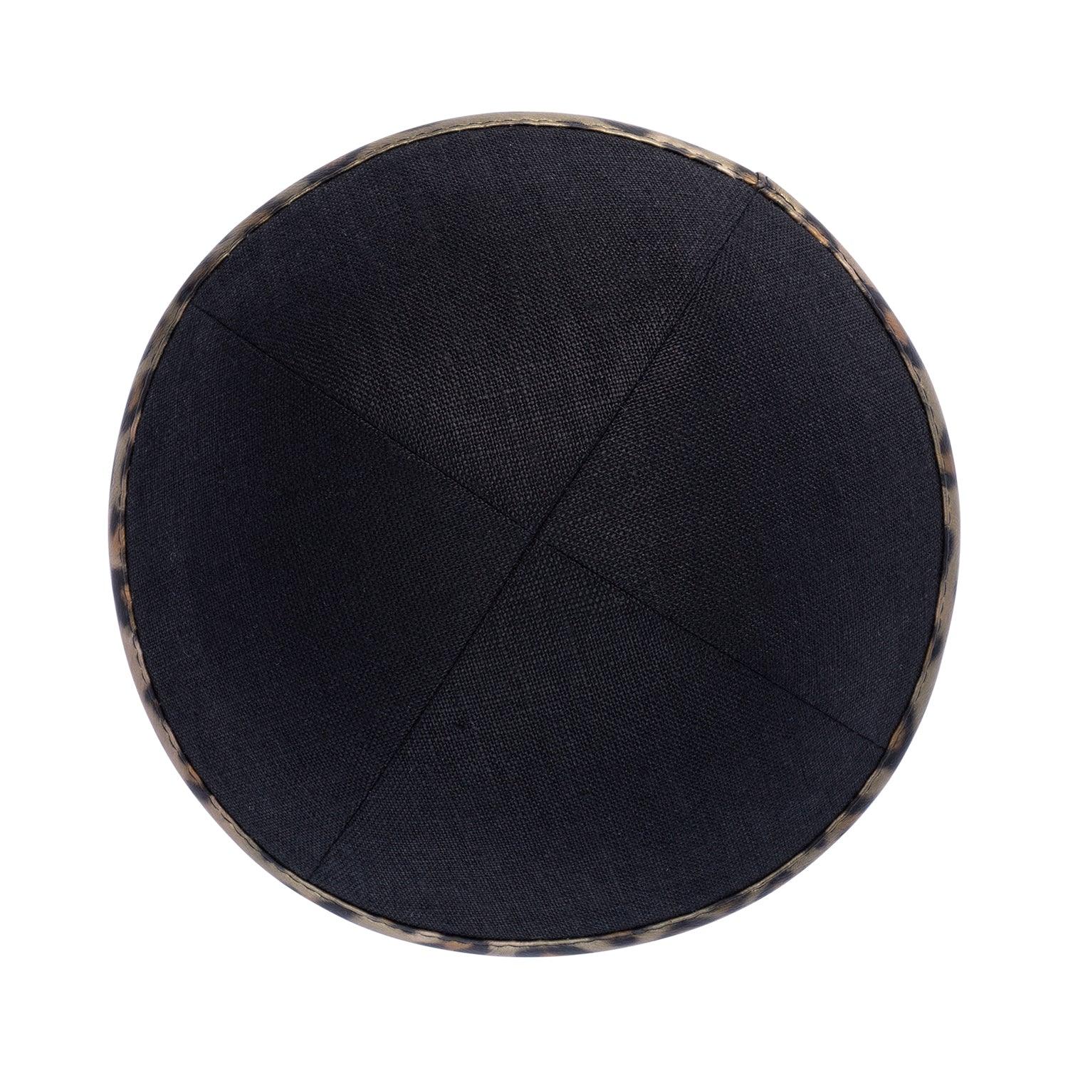 IKIPPAH BLACK LINEN W/ LEOPARD LEATHER RIM YARMULKE