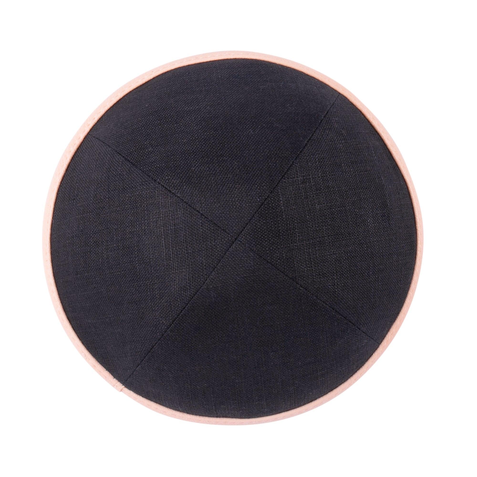 IKIPPAH BLACK LINEN W/ LIGHT PINK LEATHER RIM YARMULKE