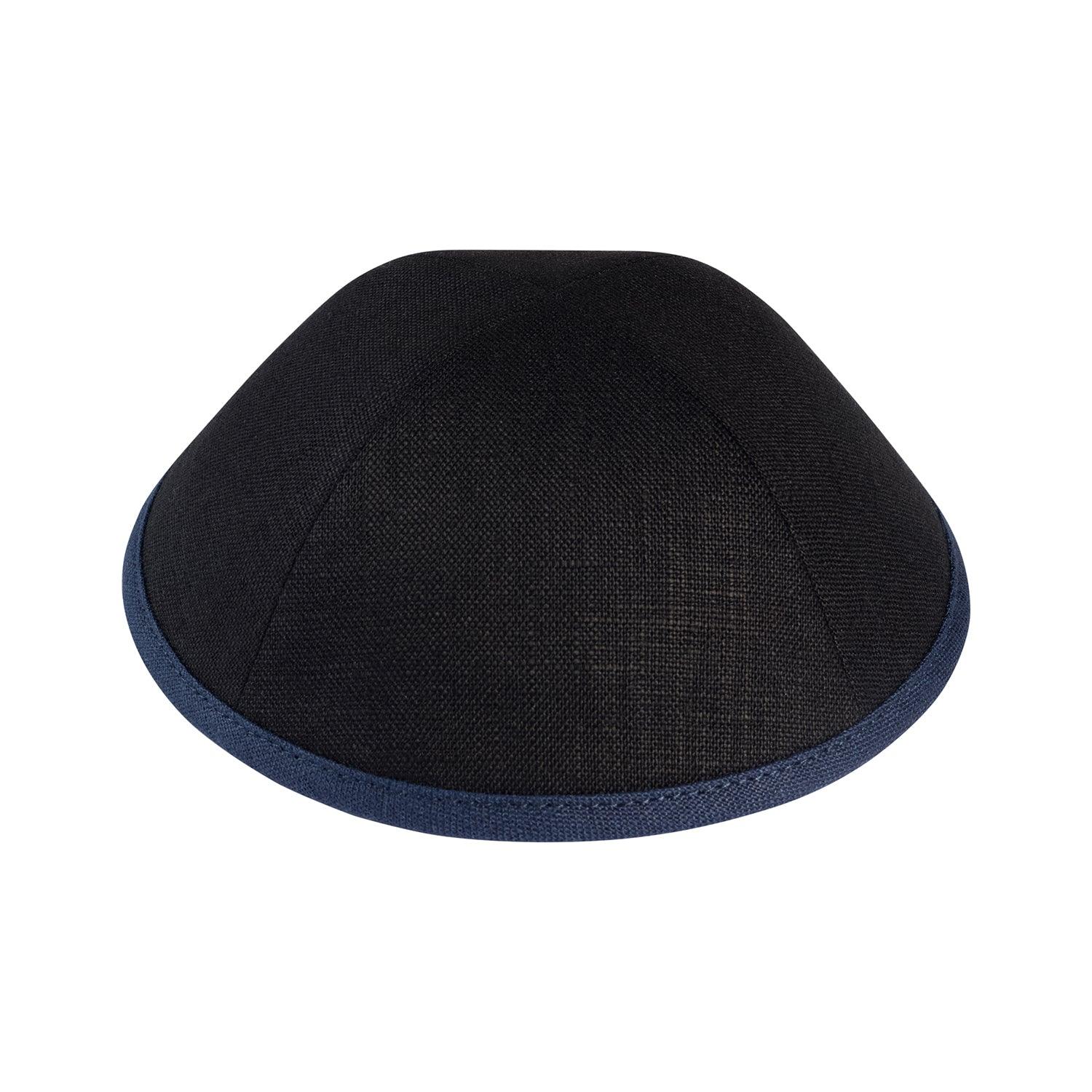 IKIPPAH BLACK LINEN W/ NAVY RIM YARMULKE