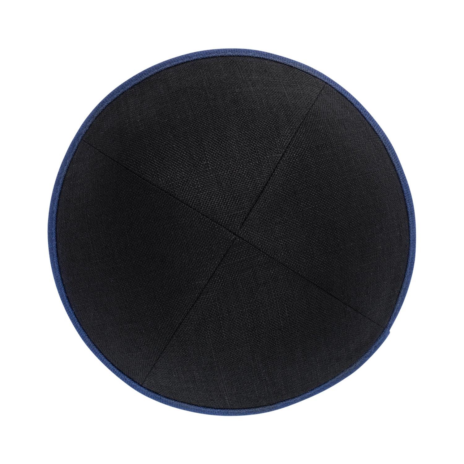 IKIPPAH BLACK LINEN W/ NAVY RIM YARMULKE