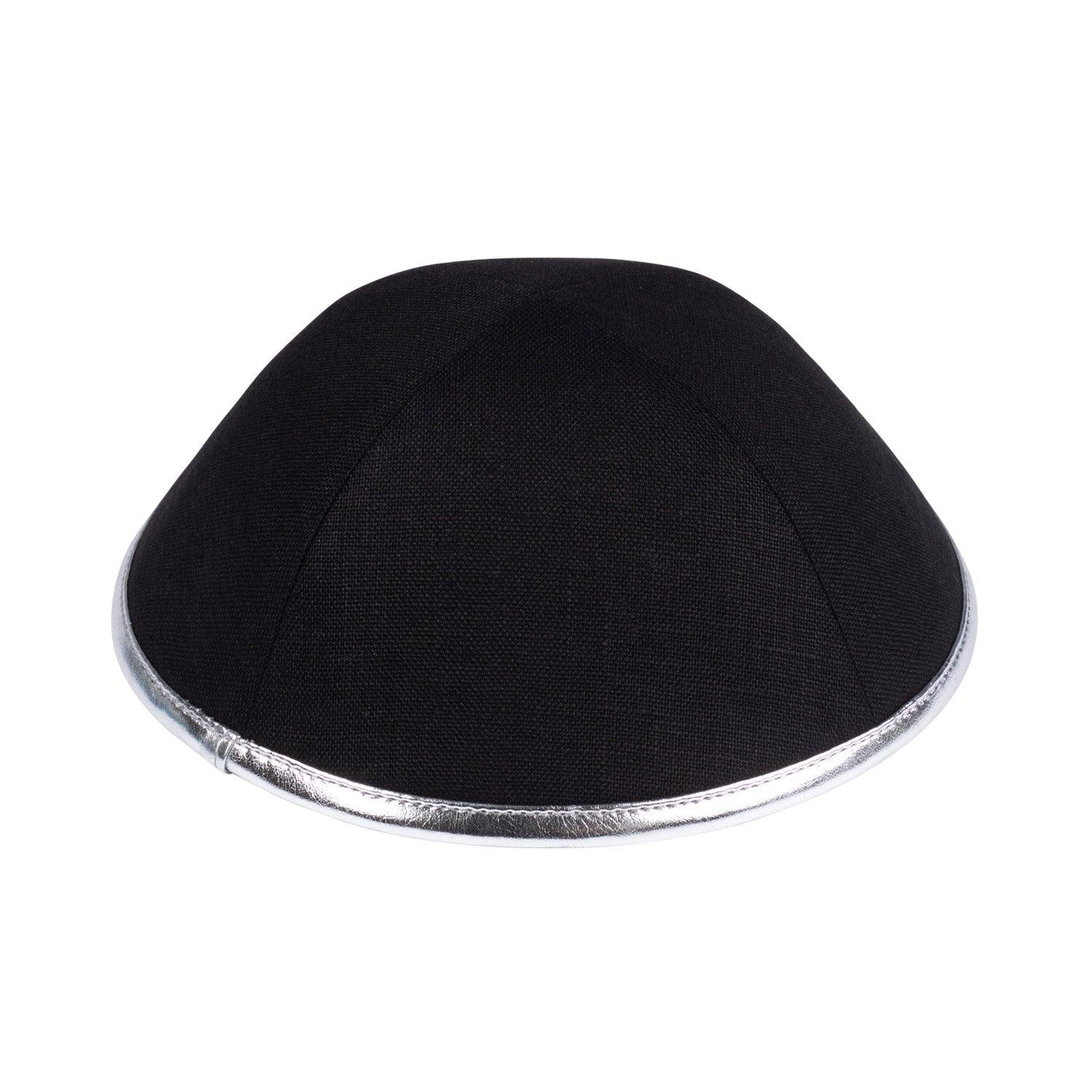 IKIPPAH BLACK LINEN W/ SILVER RIM YARMULKE