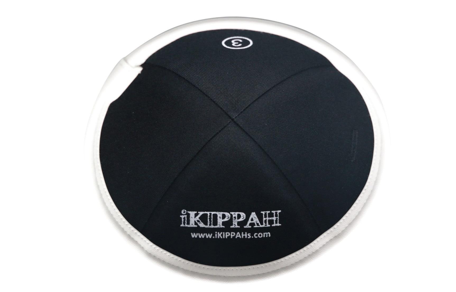 IKIPPAH BLACK LINEN W/ WHITE LEATHER RIM YARMULKE