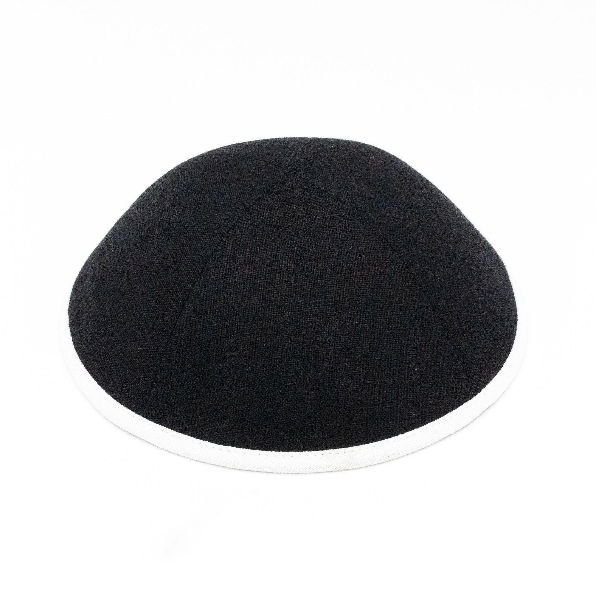 IKIPPAH BLACK LINEN W/ WHITE RIM YARMULKE