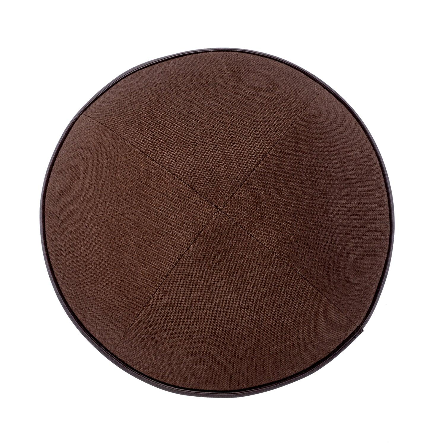 IKIPPAH BROWN LINEN W/ BROWN LEATHER RIM YARMULKE