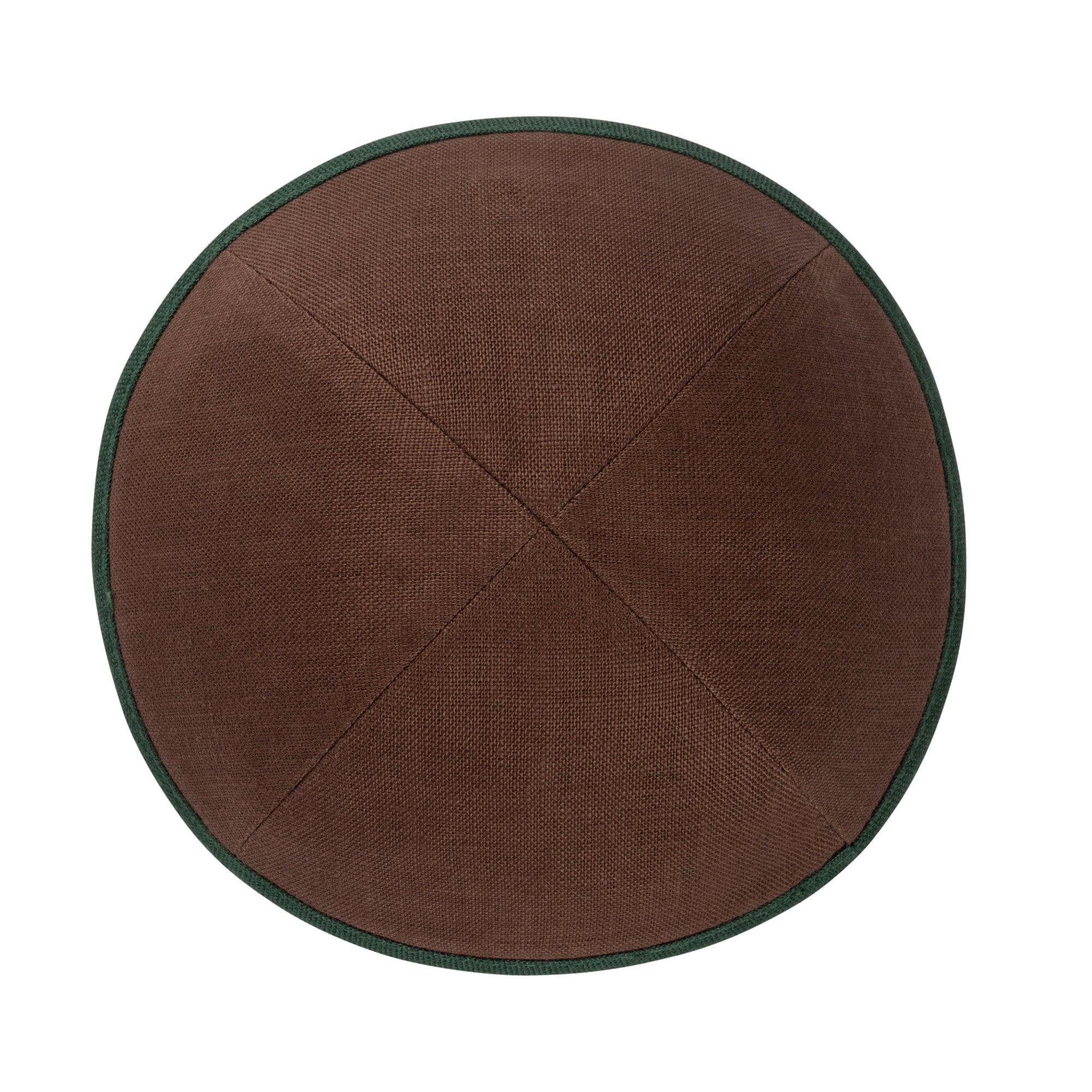 IKIPPAH BROWN LINEN W/ GREEN RIM YARMULKE