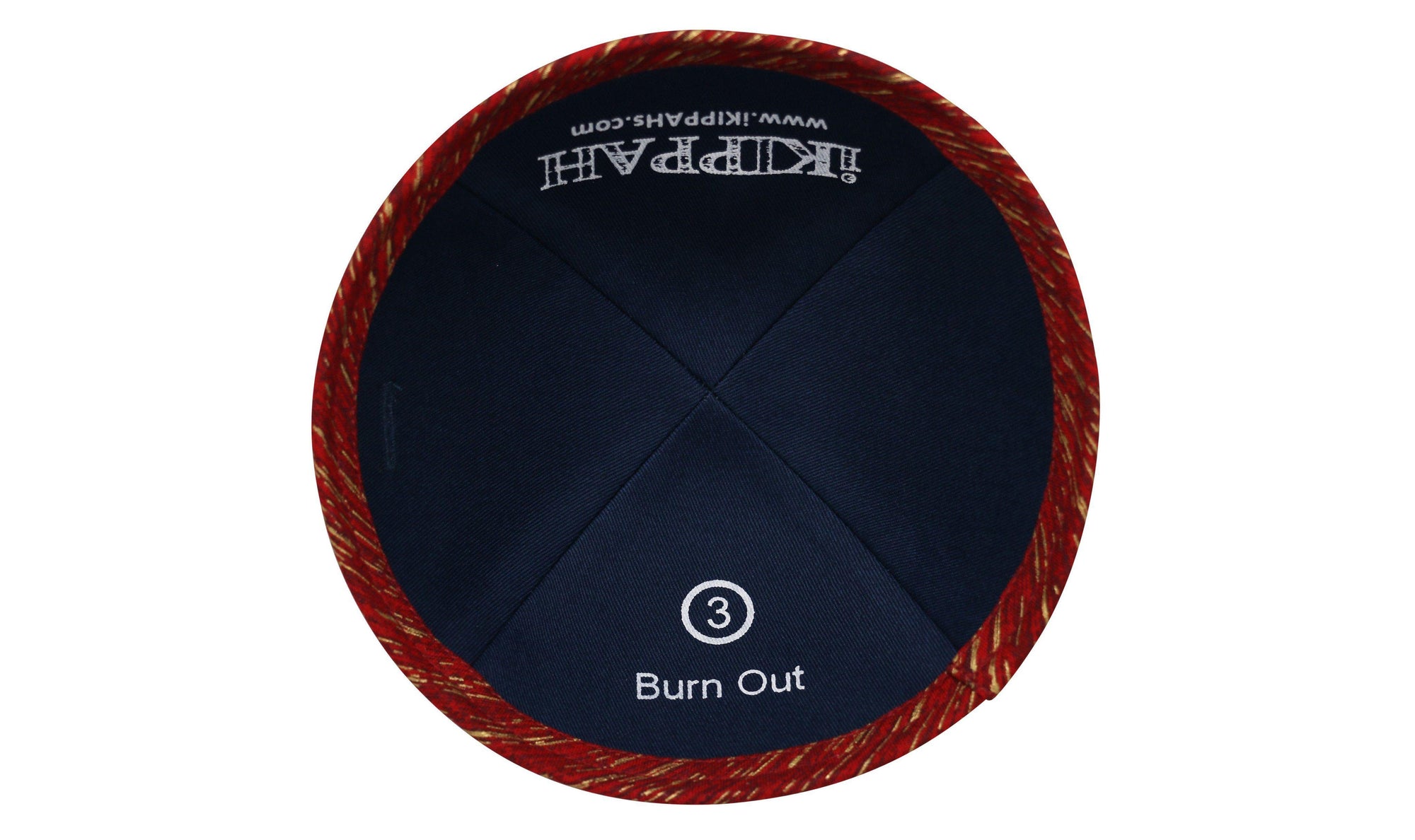 A red & orange iKIPPAH brand yarmulke that is an artist's rendition of something hot and glowing inside view.