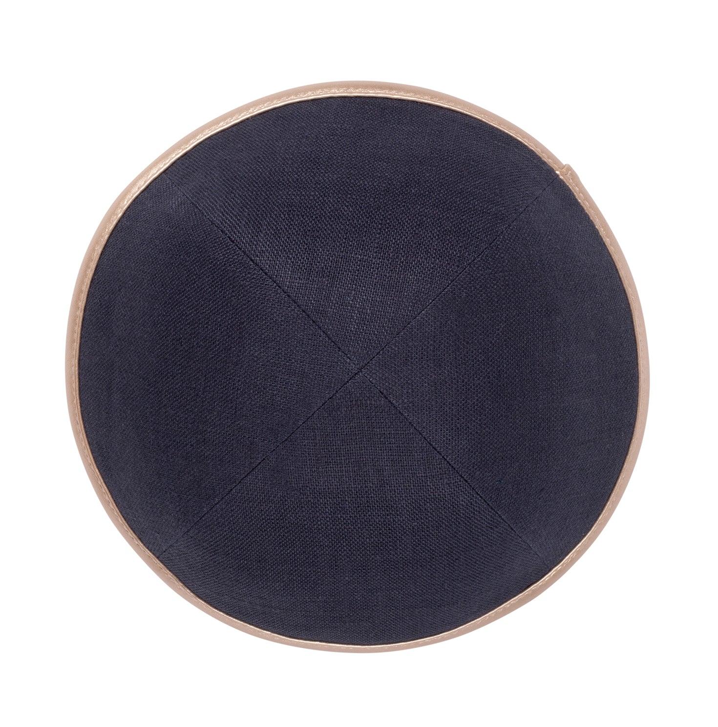 IKIPPAH CHARCOAL LINEN W/ ROSE GOLD LEATHER RIM YARMULKE