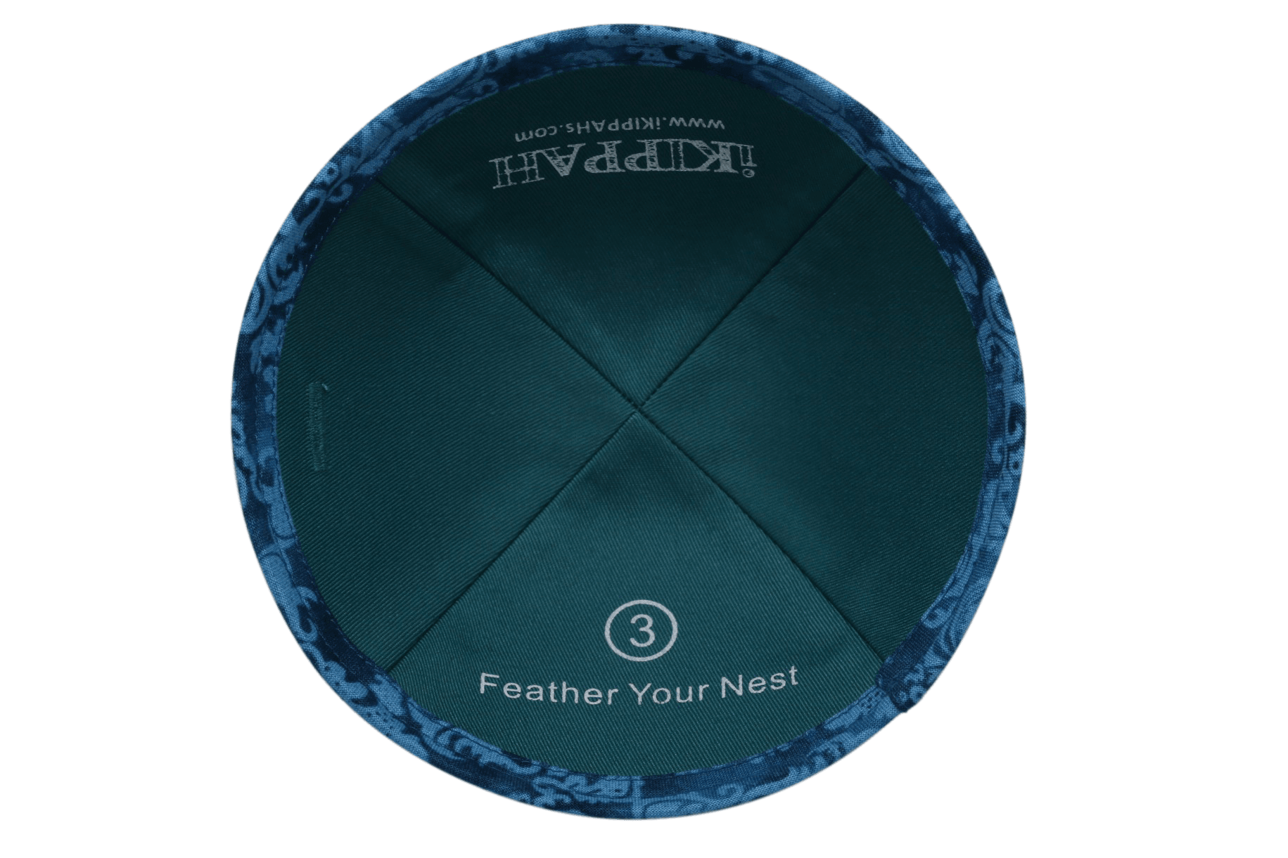 A dark blue iKIPPAH brand yarmulke with a stylish light blue design on top inside view.