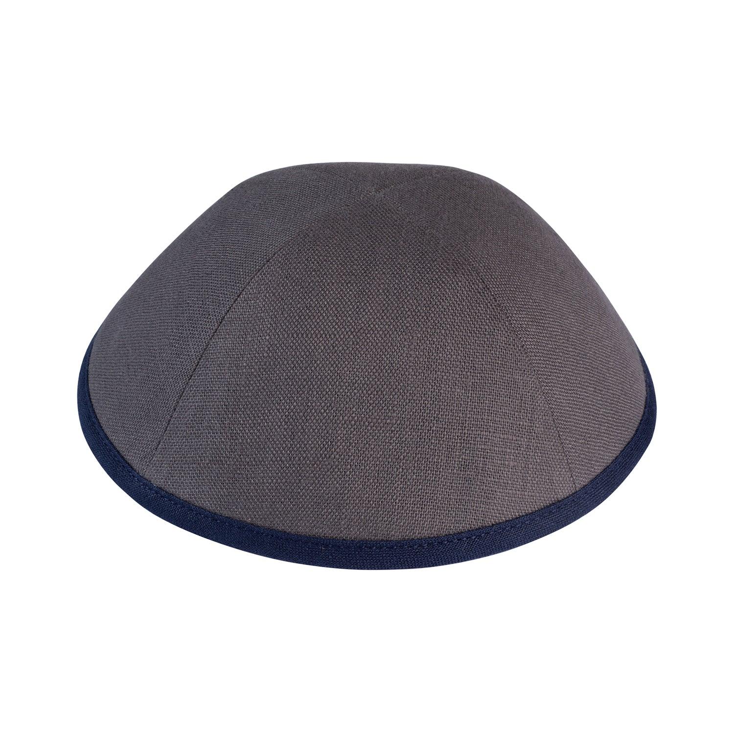 IKIPPAH GRAY LINEN W/ NAVY RIM YARMULKE