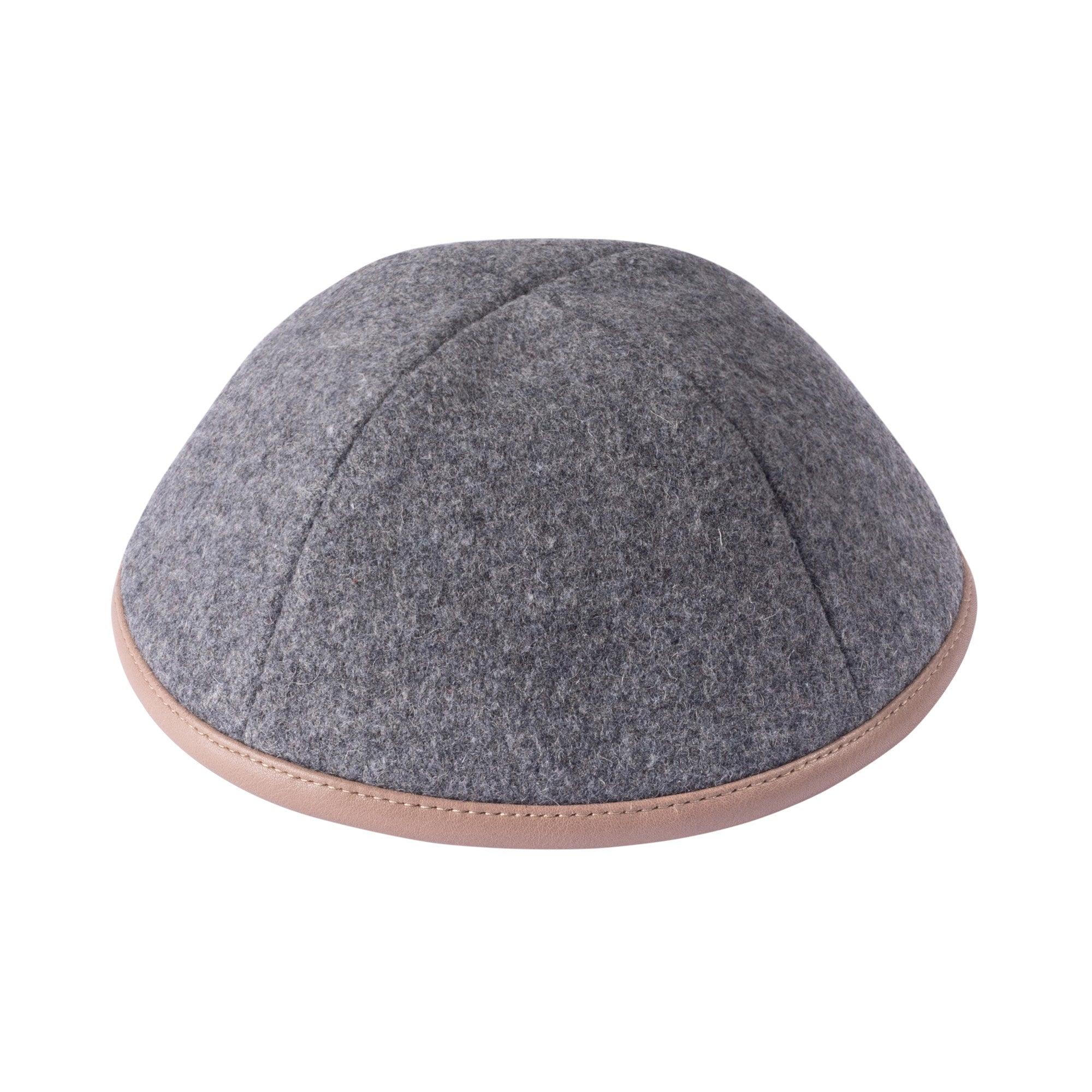 IKIPPAH GRAY WOOL W/ TAN LEATHER RIM YARMULKE