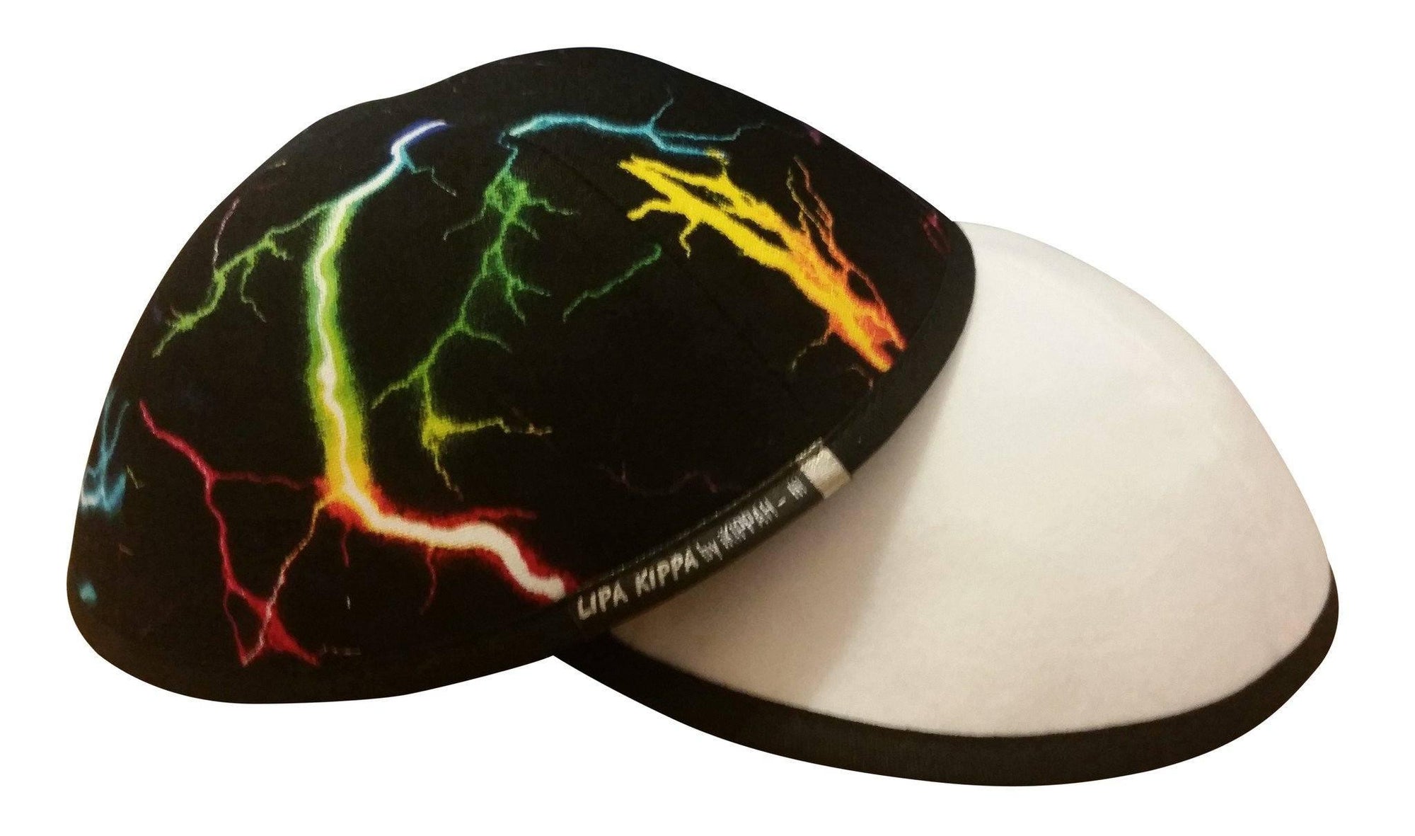 Colorful lightening bolts on a black iKIPPAH brand yarmulke.