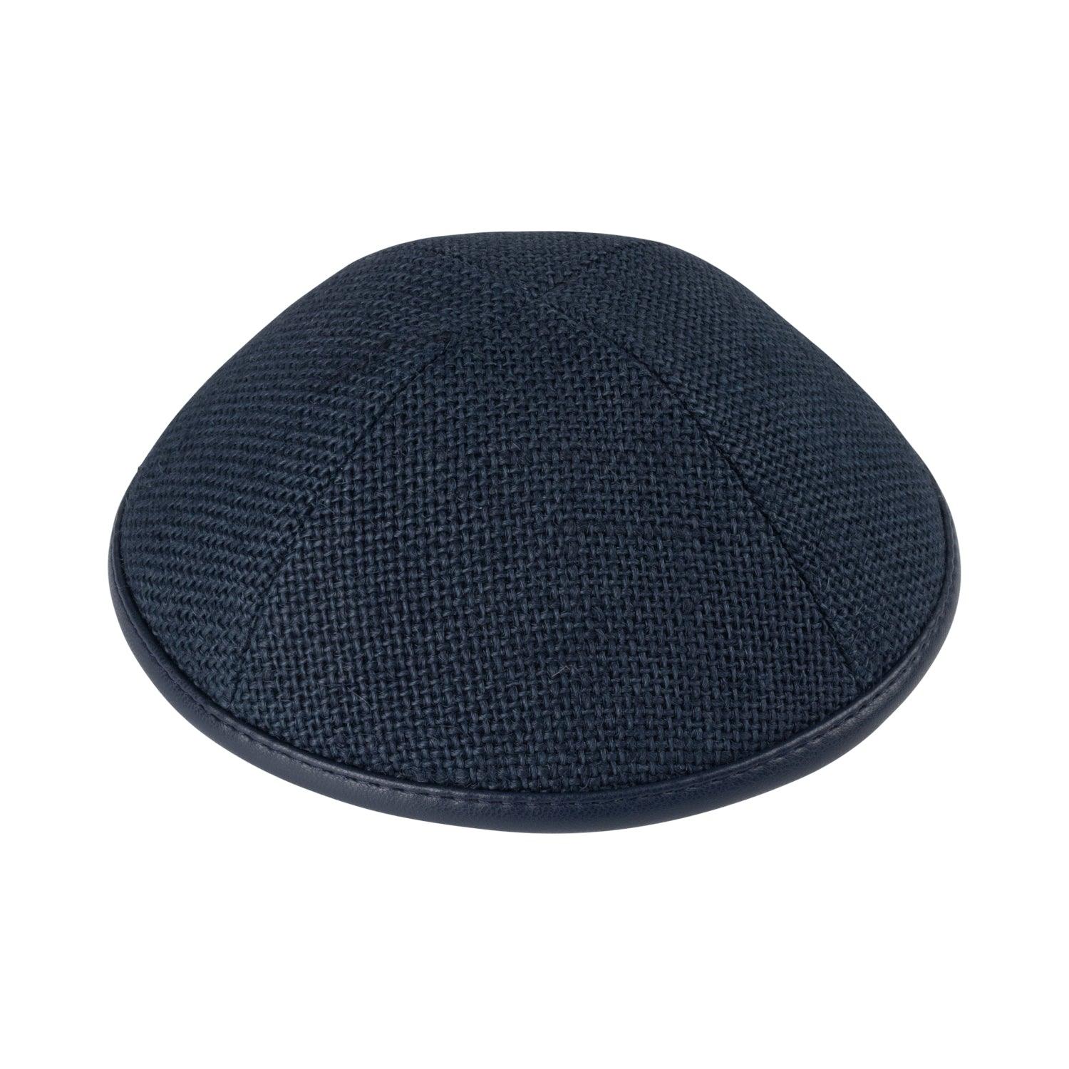 IKIPPAH NAVY BURLAP W/ LEATHER RIM YARMULKE