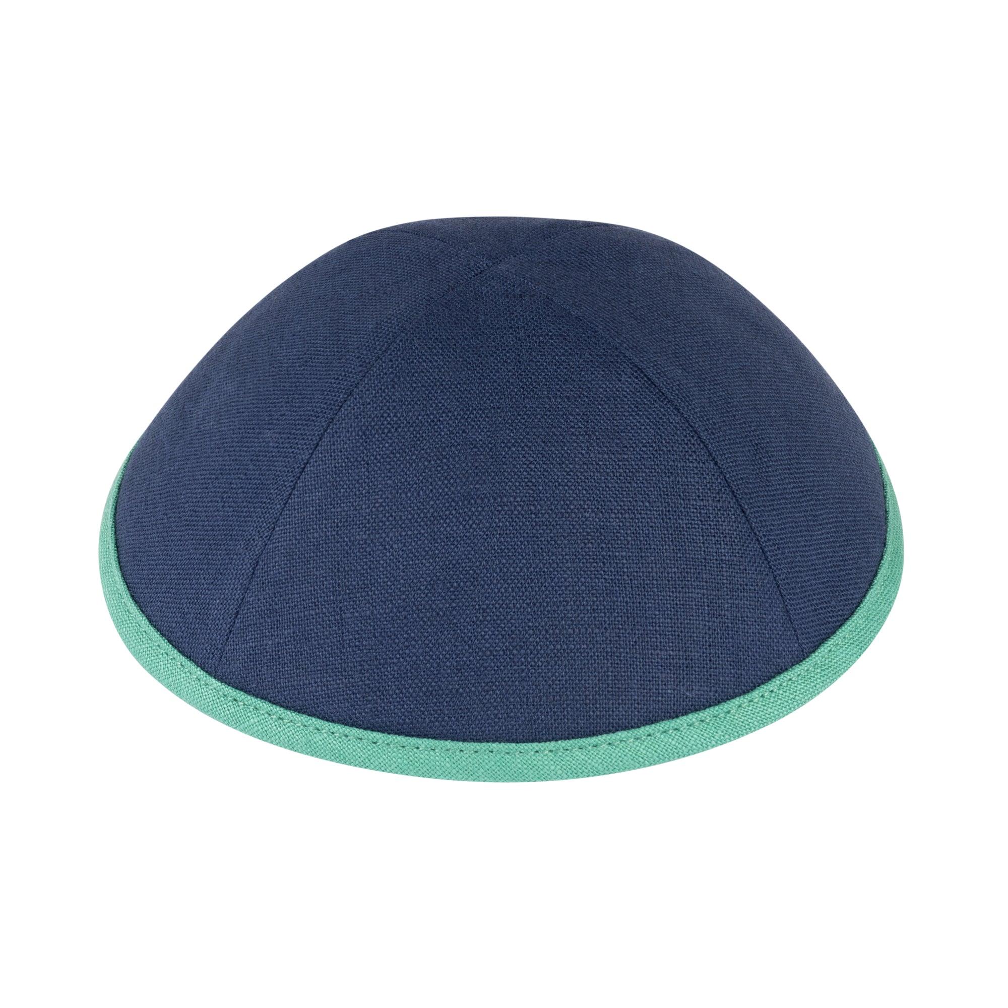 IKIPPAH NAVY LINEN W/ BRIGHT GREEN RIM YARMULKE