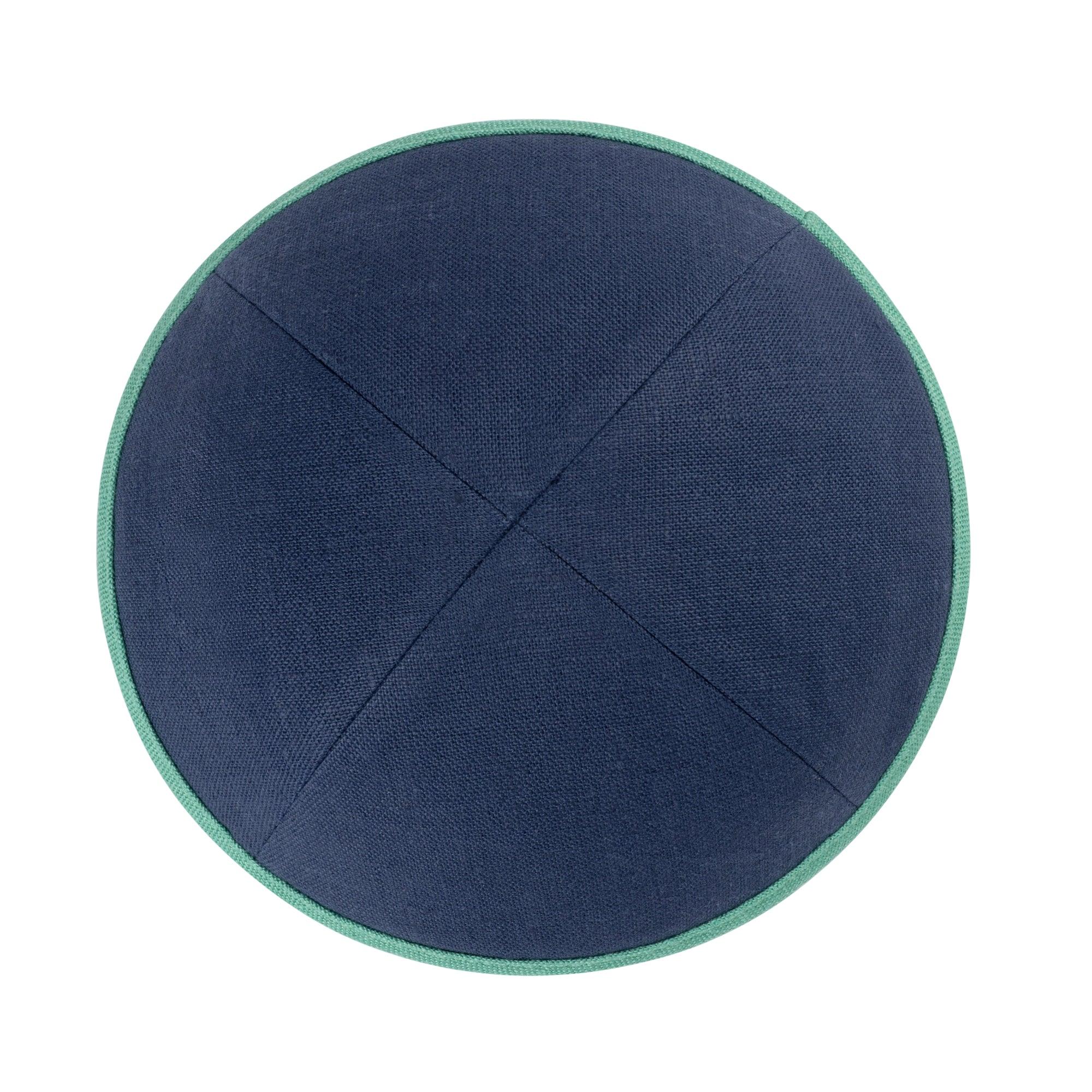 IKIPPAH NAVY LINEN W/ BRIGHT GREEN RIM YARMULKE