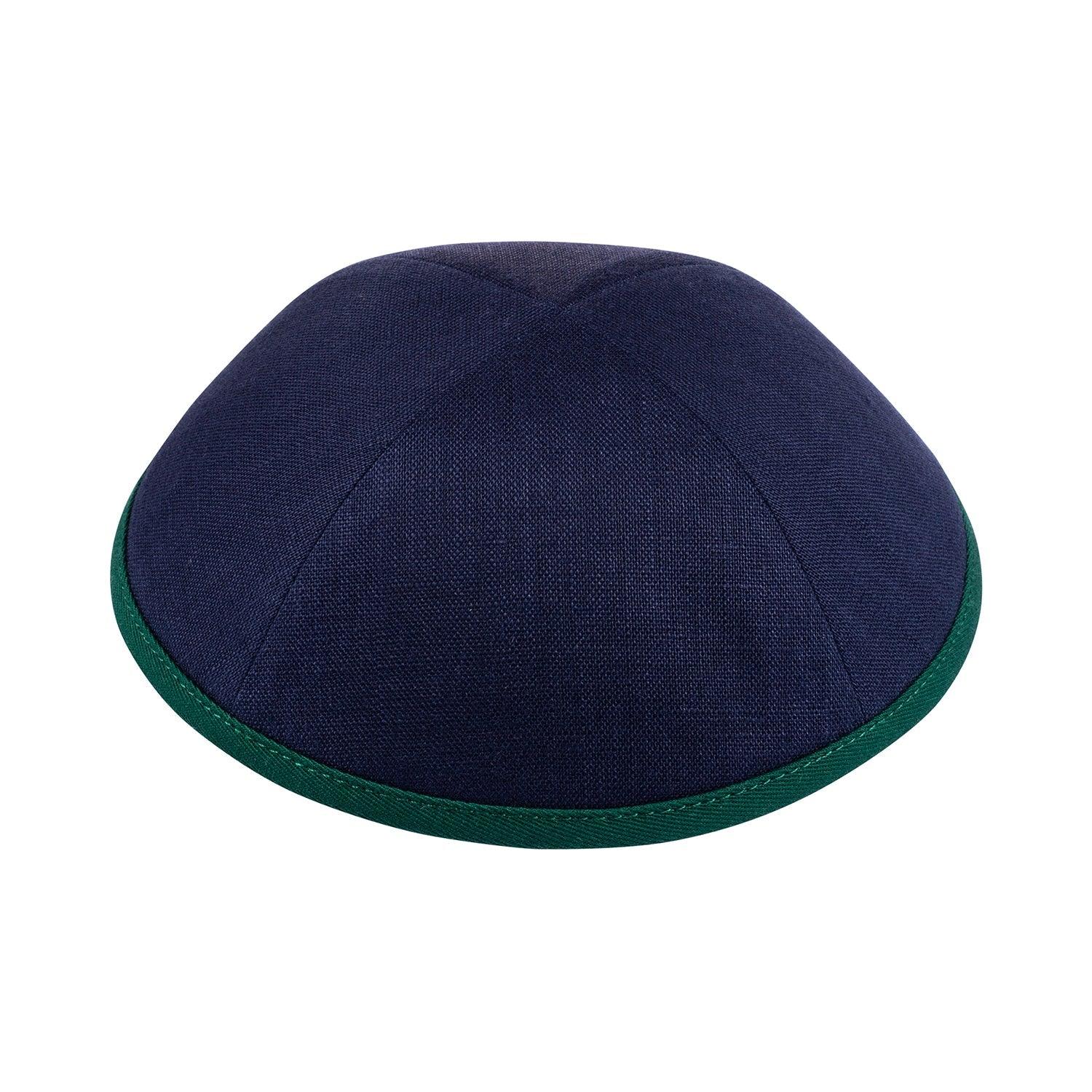 IKIPPAH NAVY LINEN W/ GREEN RIM YARMULKE