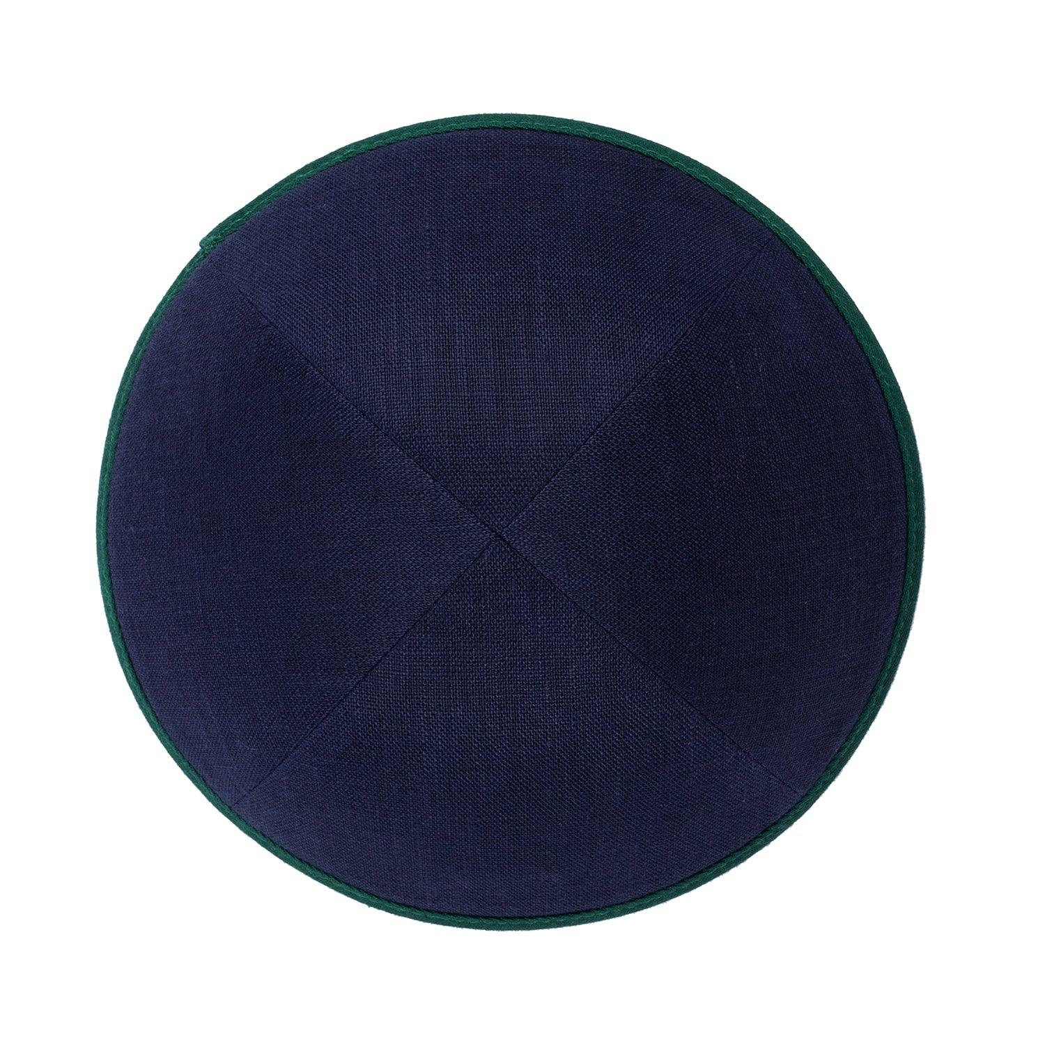 IKIPPAH NAVY LINEN W/ GREEN RIM YARMULKE