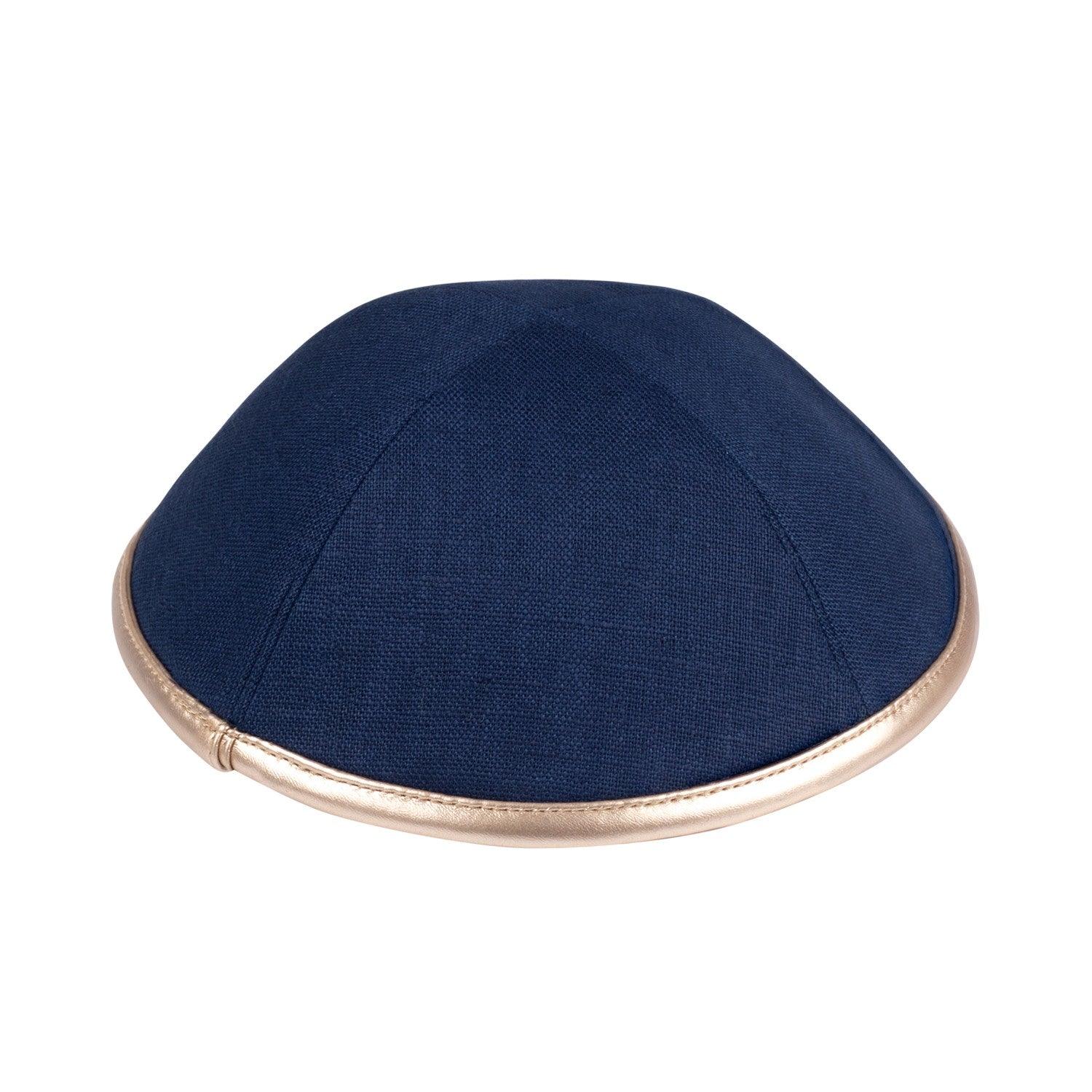 IKIPPAH NAVY LINEN W/ ROSE GOLD LEATHER  RIM YARMULKE