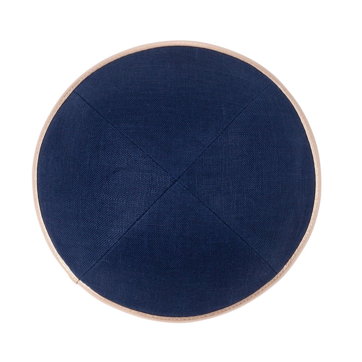 IKIPPAH NAVY LINEN W/ ROSE GOLD LEATHER  RIM YARMULKE