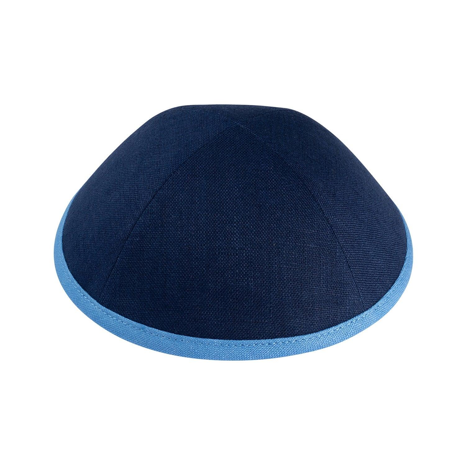 IKIPPAH NAVY LINEN W/ SKY BLUE RIM YARMULKE