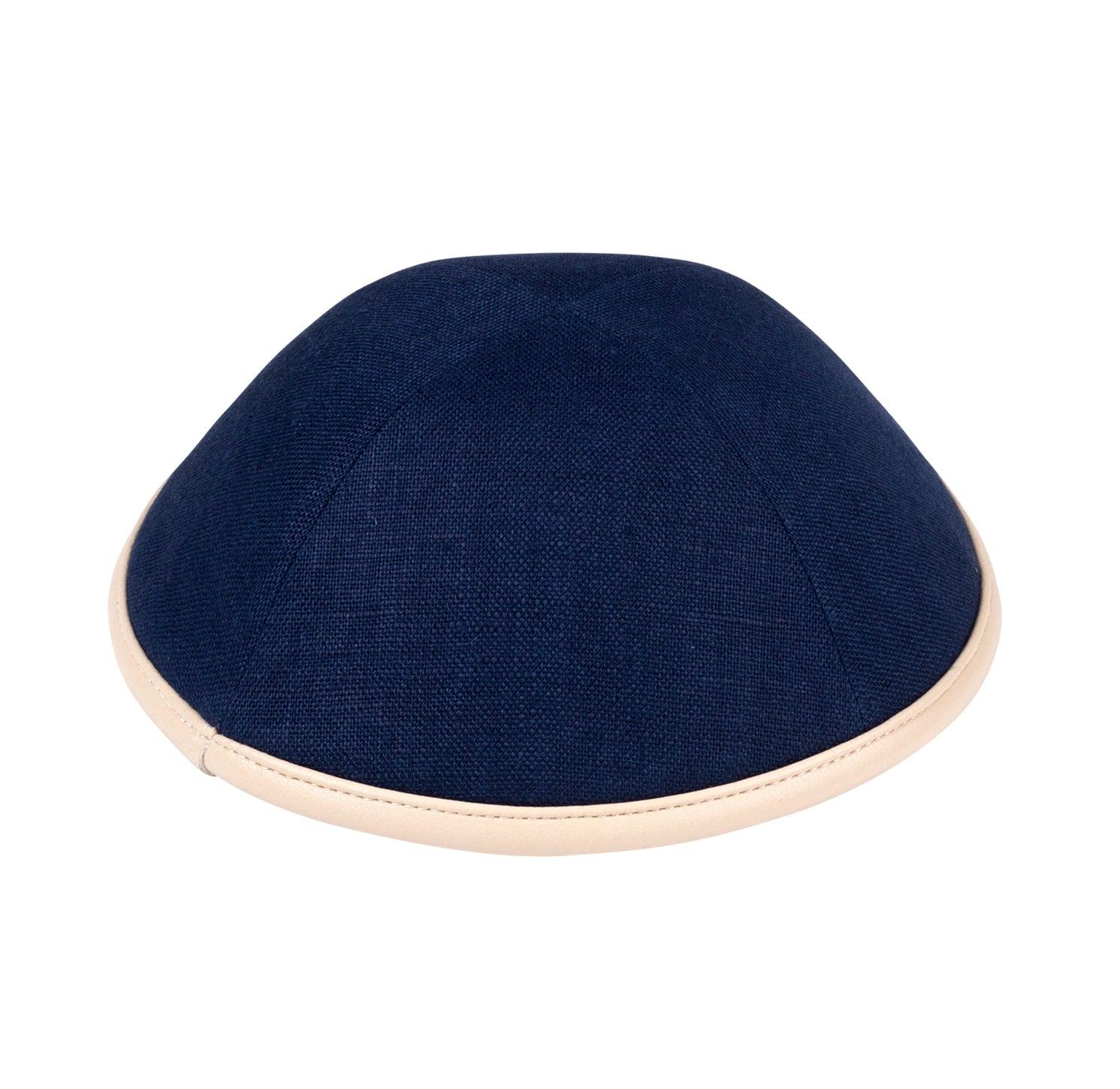 IKIPPAH NAVY LINEN W/ TAN LEATHER RIM YARMULKE