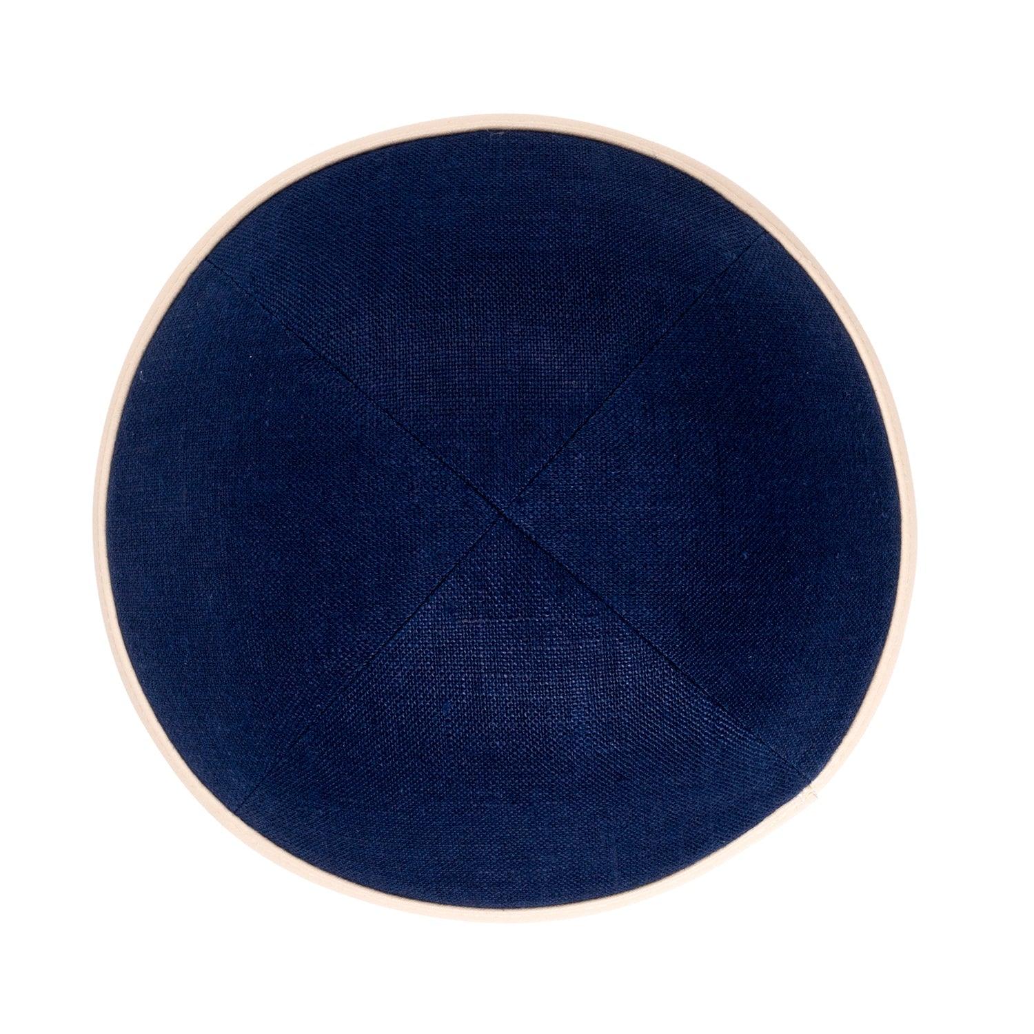 IKIPPAH NAVY LINEN W/ TAN LEATHER RIM YARMULKE