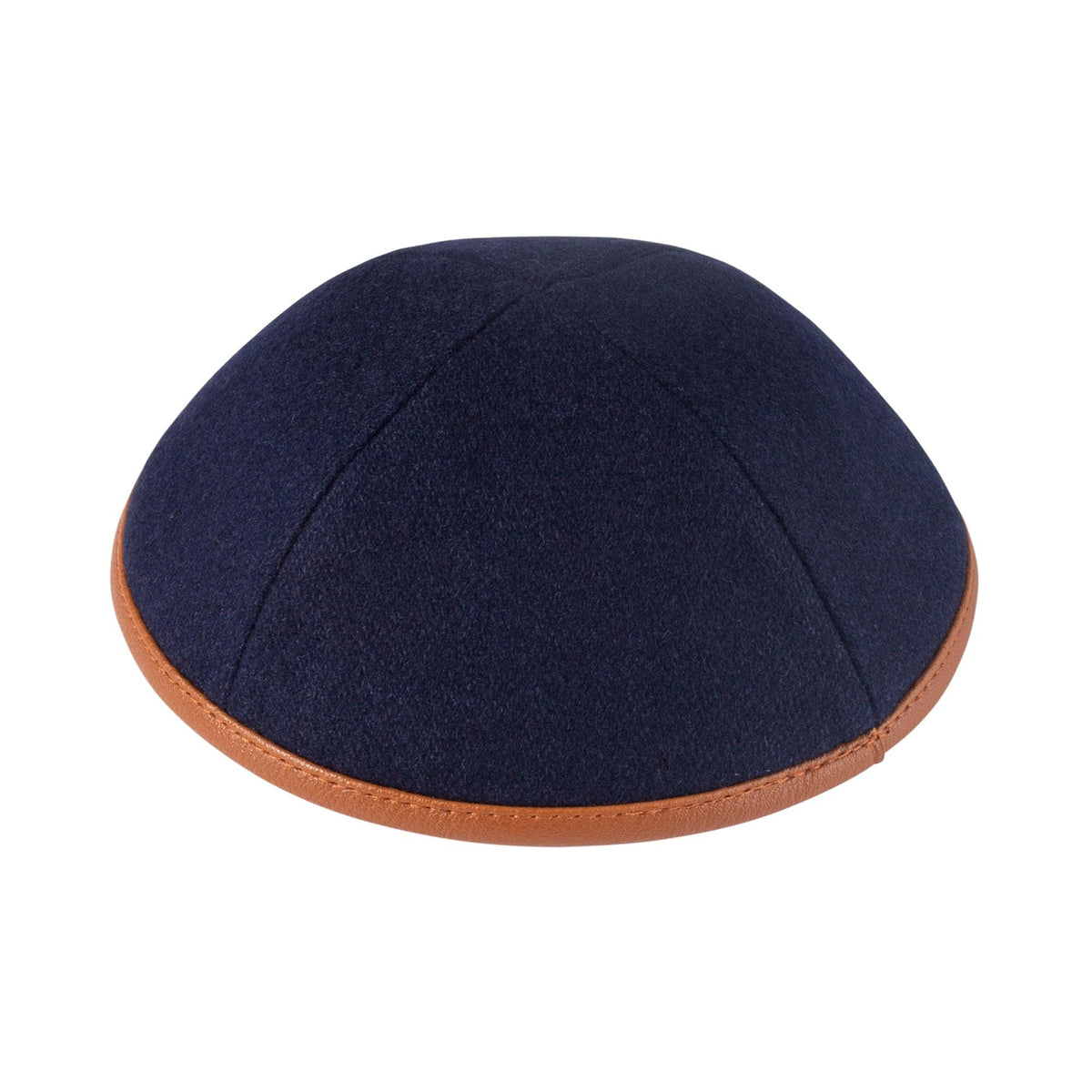 IKIPPAH NAVY WOOL W/ CARAMEL LEATHER RIM YARMULKE