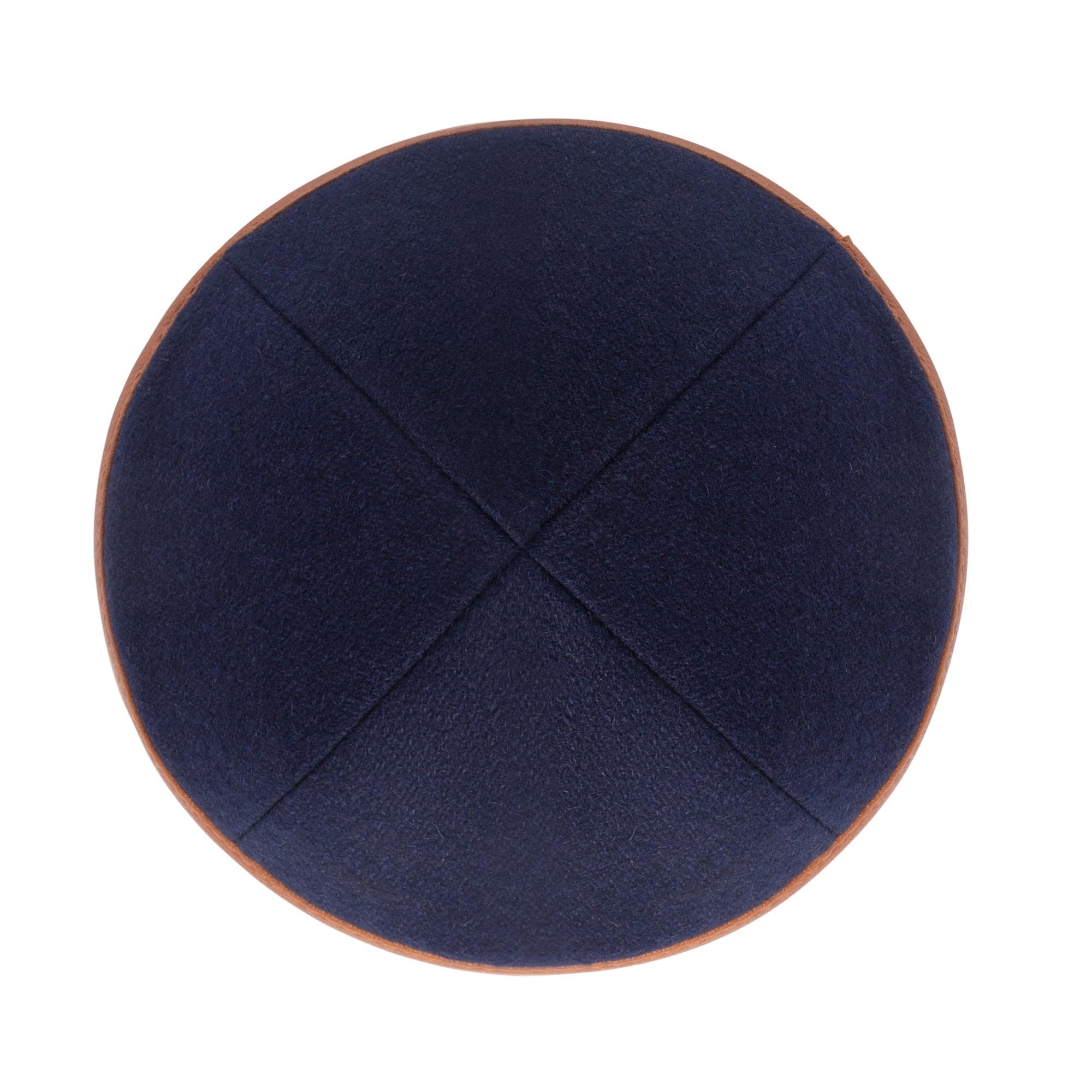 IKIPPAH NAVY WOOL W/ CARAMEL LEATHER RIM YARMULKE