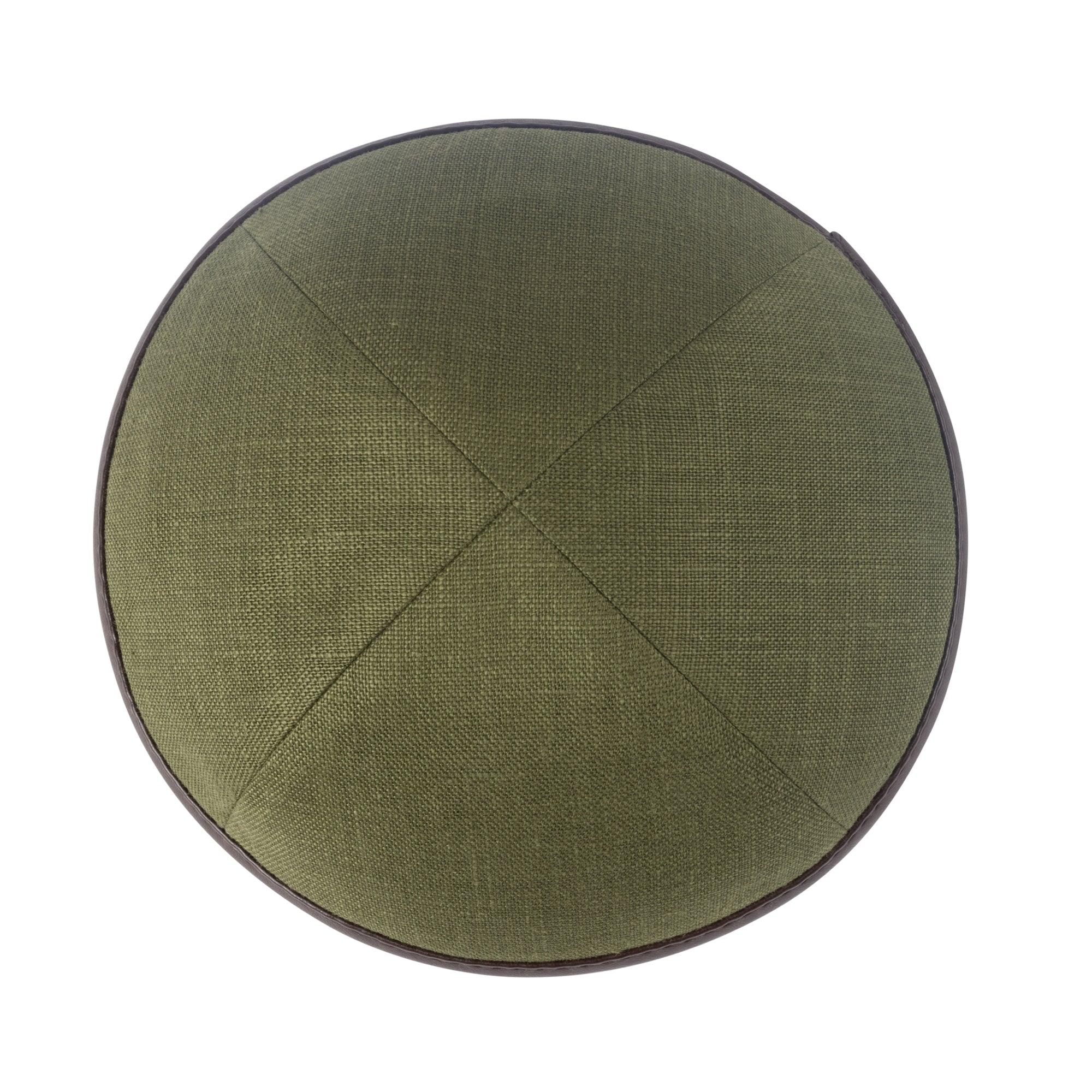 IKIPPAH OLIVE GREEN LINEN W/ BROWN LEATHER RIM YARMULKE