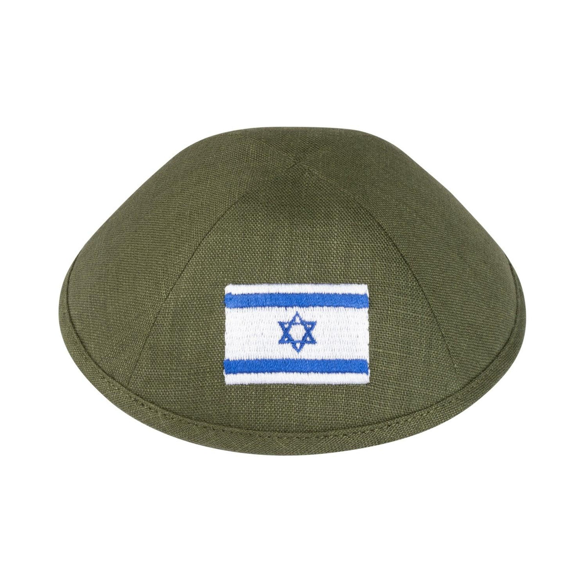 IKIPPAH OLIVE GREEN LINEN W/ ISRAELI FLAG YARMULKE