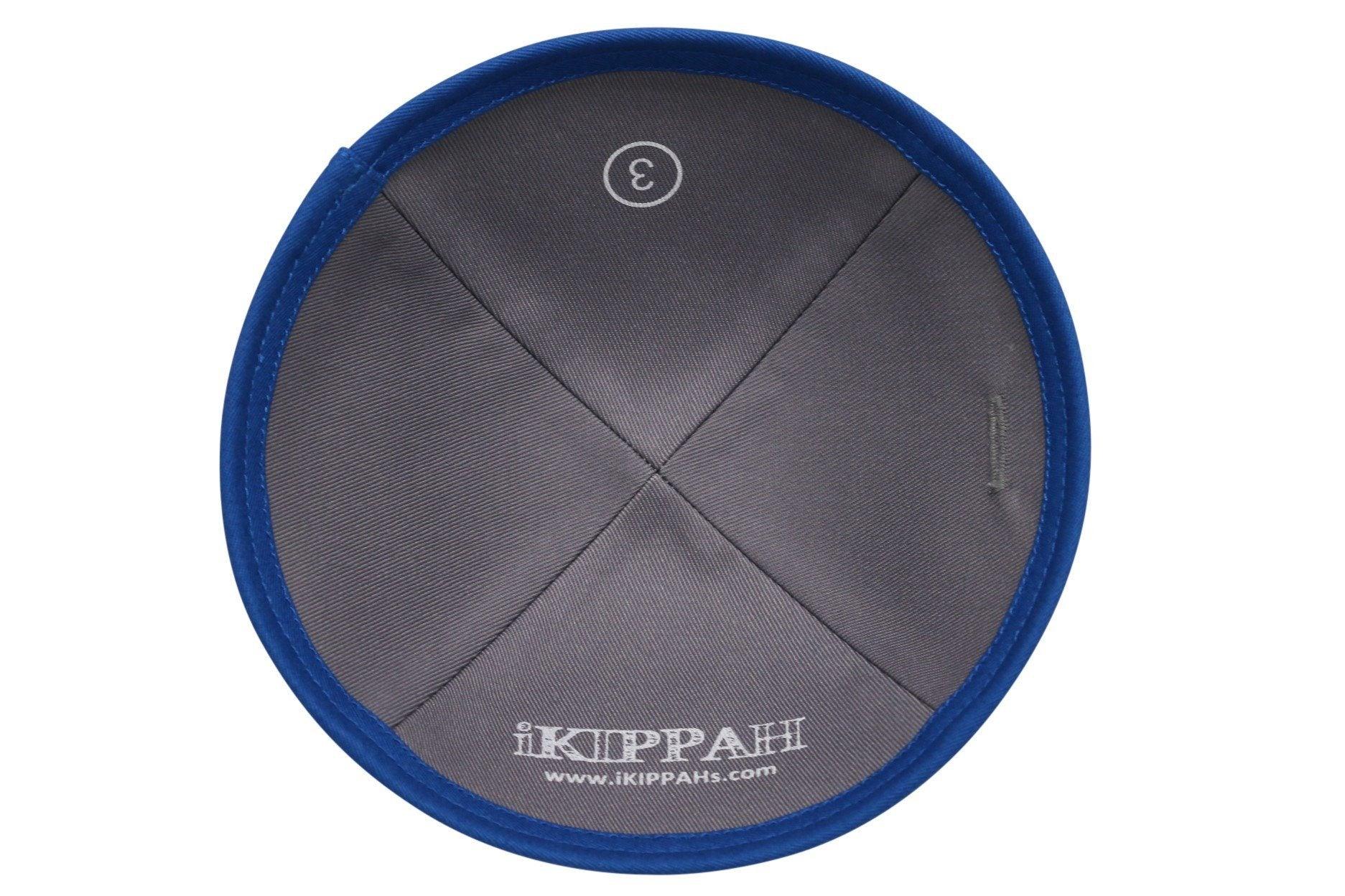 A royal blue iKIPPAH brand yarmulke inside view.