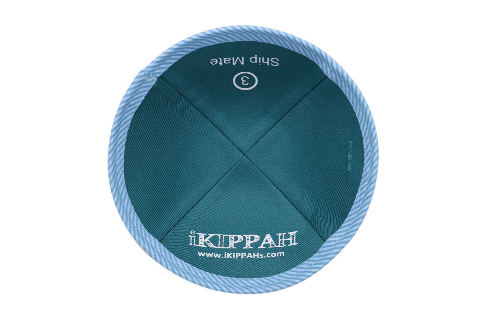 A light blue & white horizontal line iKIPPAH brand yarmulke inside view.