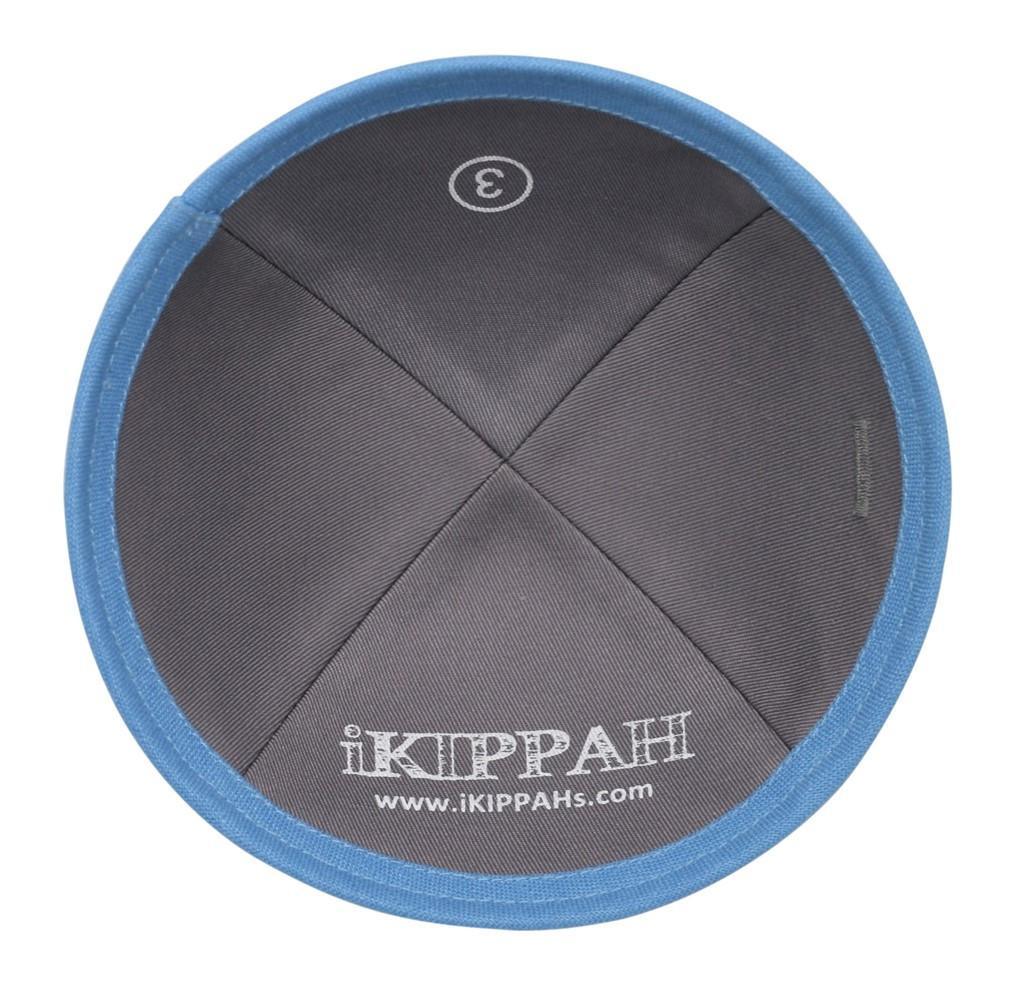 Light blue iKIPPAH brand yarmulke inside view with label.