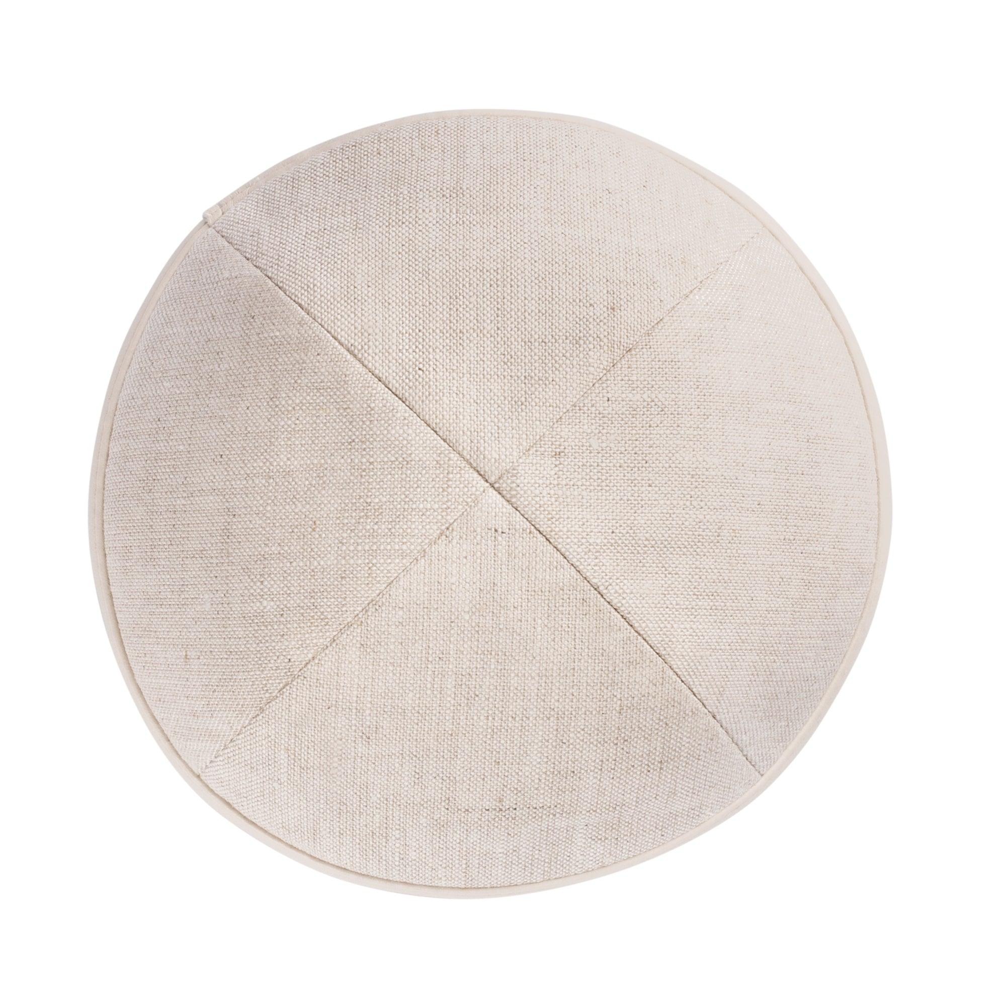 IKIPPAH TAN LINEN W/ CREAM LEATHER RIM YARMULKE