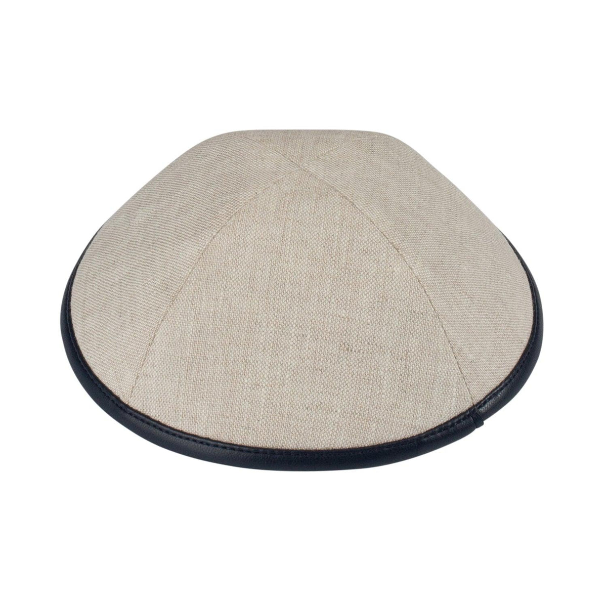 IKIPPAH TAN LINEN W/ NAVY LEATHER RIM YARMULKE