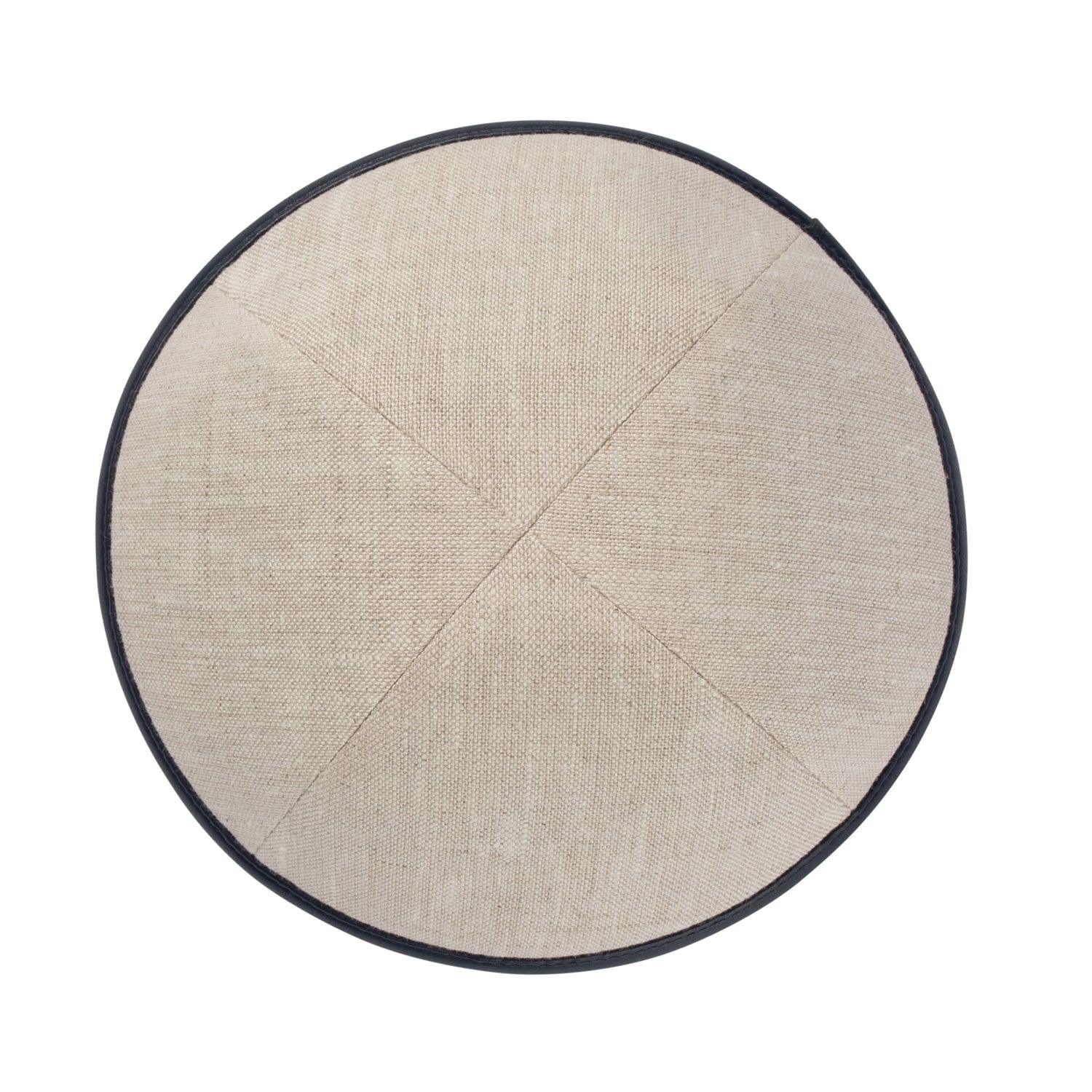 IKIPPAH TAN LINEN W/ NAVY LEATHER RIM YARMULKE