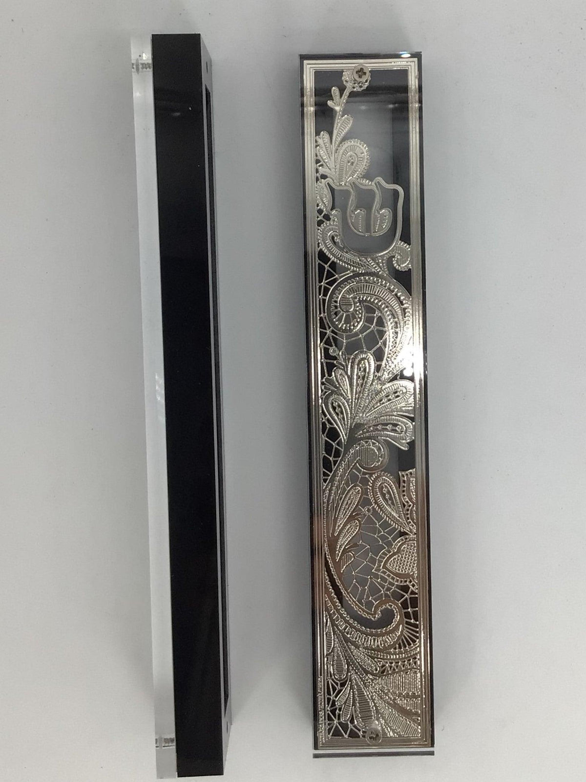 Mezuzah Case Silver Plated with Black Border- 15 cm scroll Design #2