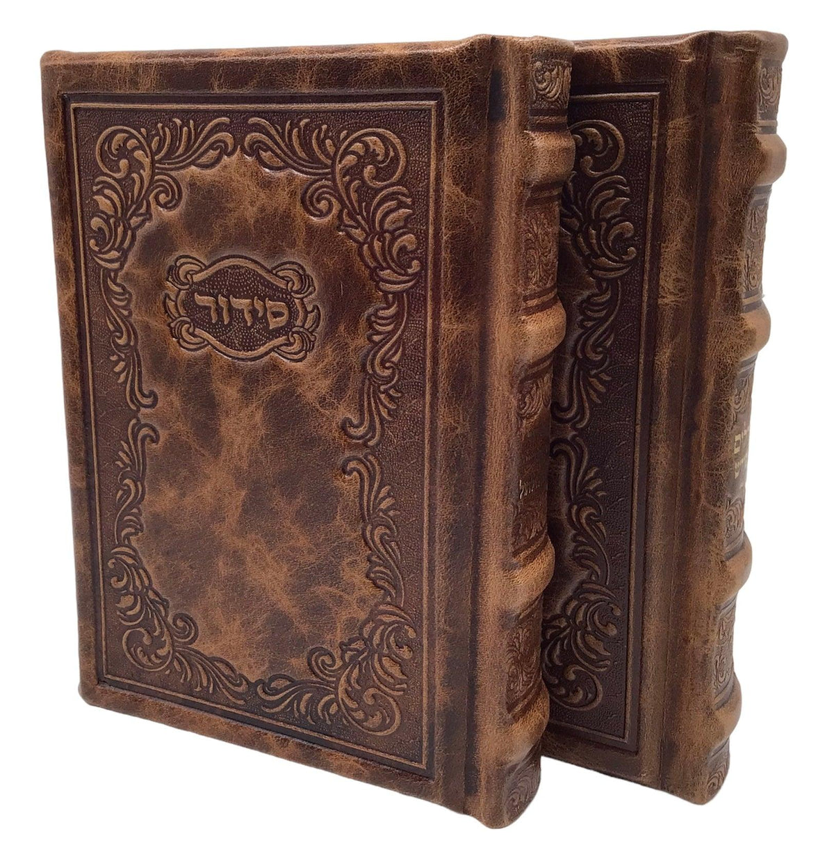 Set of Antique Leather Tehillim and Siddur Hameforash, 5x7, Chasidi Design, Light Brown