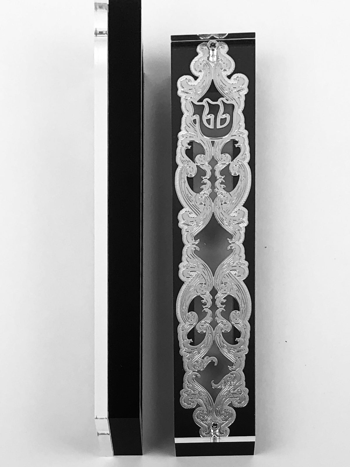 Silver Plated Mezuzah Case w/ Black Border- 15 cm scroll Design #4