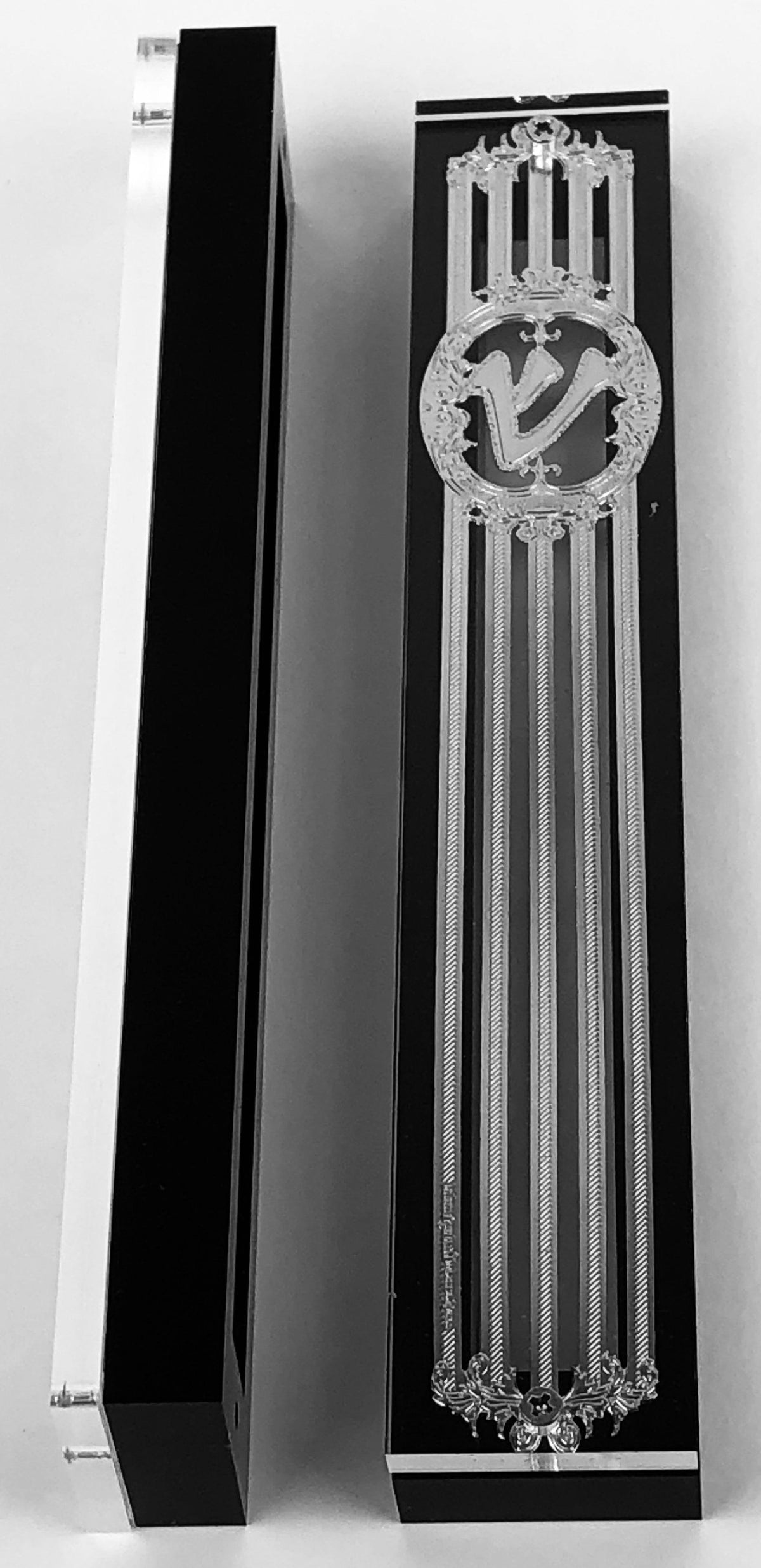 Silver Plated Mezuzah Case w/ Black Border- 15 cm scroll Design #5